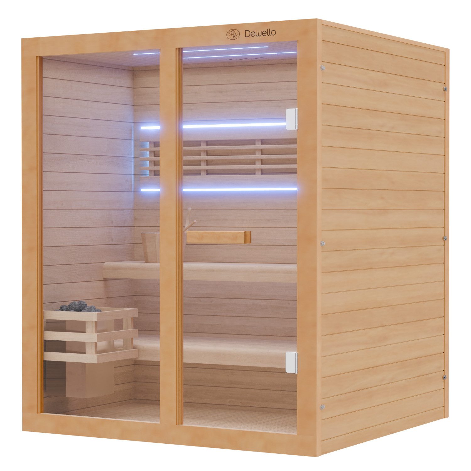 Dewello Eckdusche TOFINO 160x150 Finnische Sauna, 3 Personen, Saunaofen, Harvia 4,5KW, Sauna aus Hemlock-Tannenholz, leichter Aufbau dank Stecksystem – Bild 4 von 5