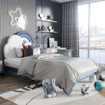 HAUSS SPLOE Polsterbett 90x200 mit Lattenrost und höhenverstellbares Kopfteil, PU, ​​Blau (Kinderbett), 90 x 200 cm ohne Matratze