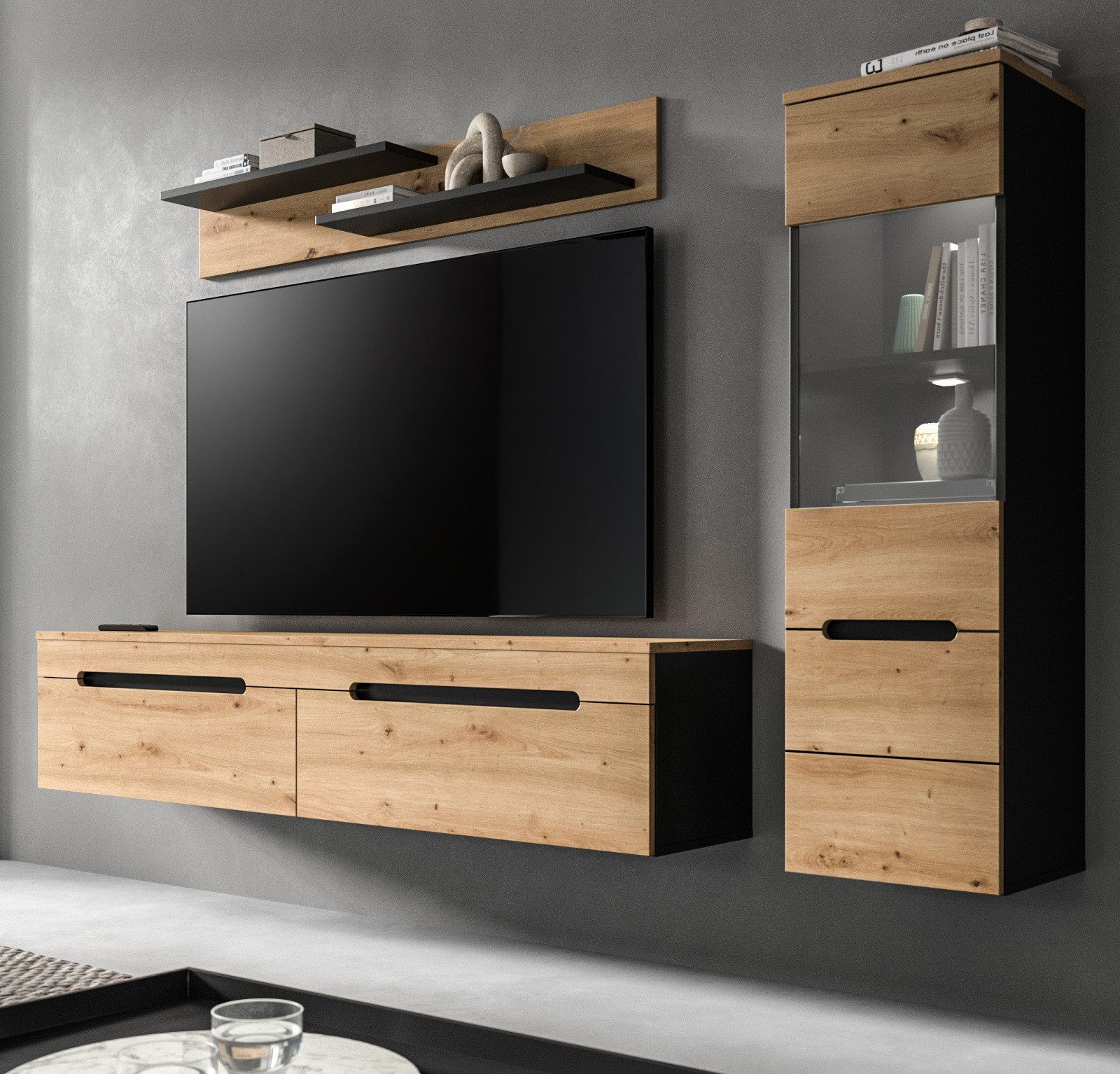 Inn.Furn Wohnwand Cooper, (Wohnzimmer Set in Eiche Artisan und Basalt Grau, 3-teilig, 220 x 170 cm), hängend oder stehend, Soft-Close-Funktion