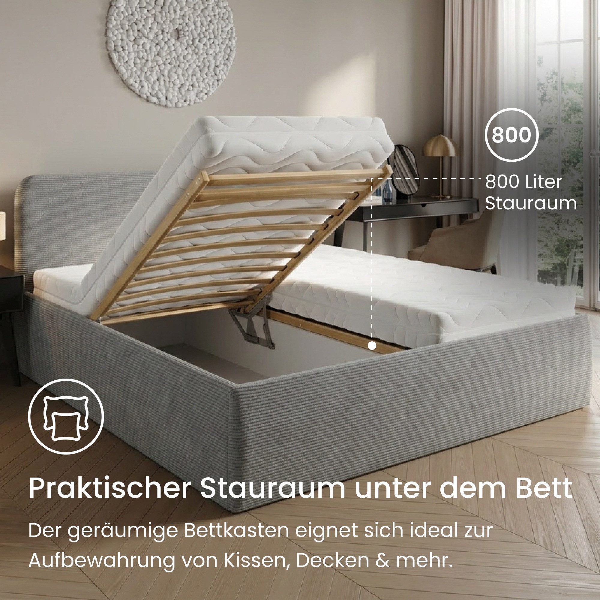 Home Collective Polsterbett Bett mit Stauraum, verstellbarem Lattenrost, viele Größen (Größen: 100x200 120x200 140x200 160x200 180x200 200x200, hochwertiger Kor – Bild 5 von 5