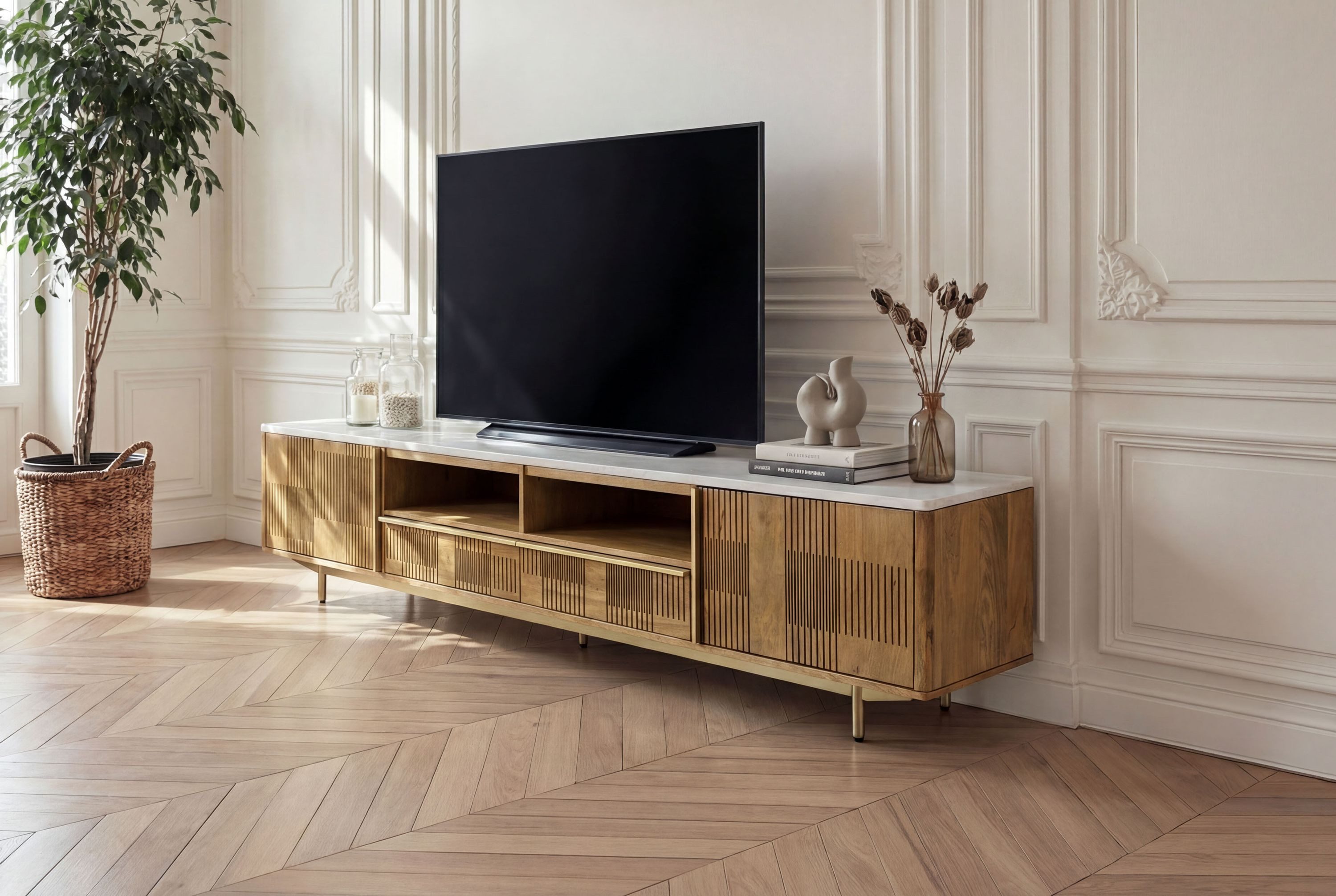 Massivmoebel24 TV-Board MIAMI (Massivholz), Mango 220x40x50 hellbraun geölt / Marmor weiß MIAMI #106