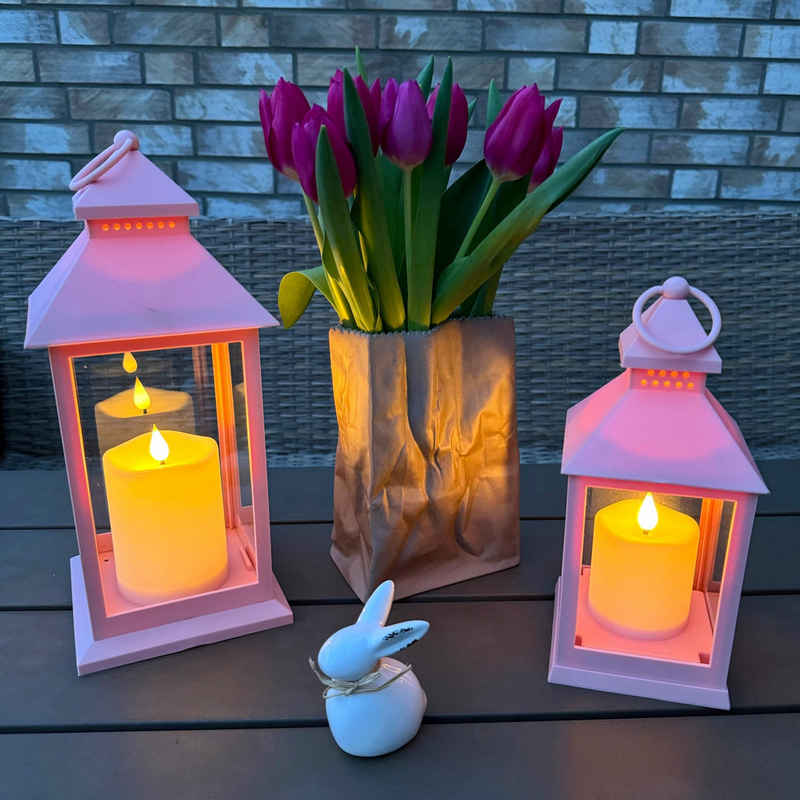 Online-Fuchs LED Laterne 2 Ліхтарі mit LED-Kerzen und Timerfunktion im Set - Outdoor -, Rosa, Grün oder Weiß wählbar, Warmweiß, Wetterfest - 35 cm groß