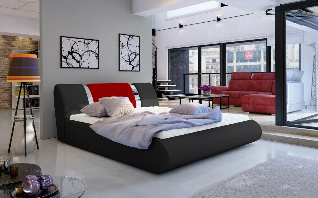 JVmoebel Bett, Luxus Schlafzimmer Bett Polster Design 180x200cm Schwarz/Rot | Bettgestelle