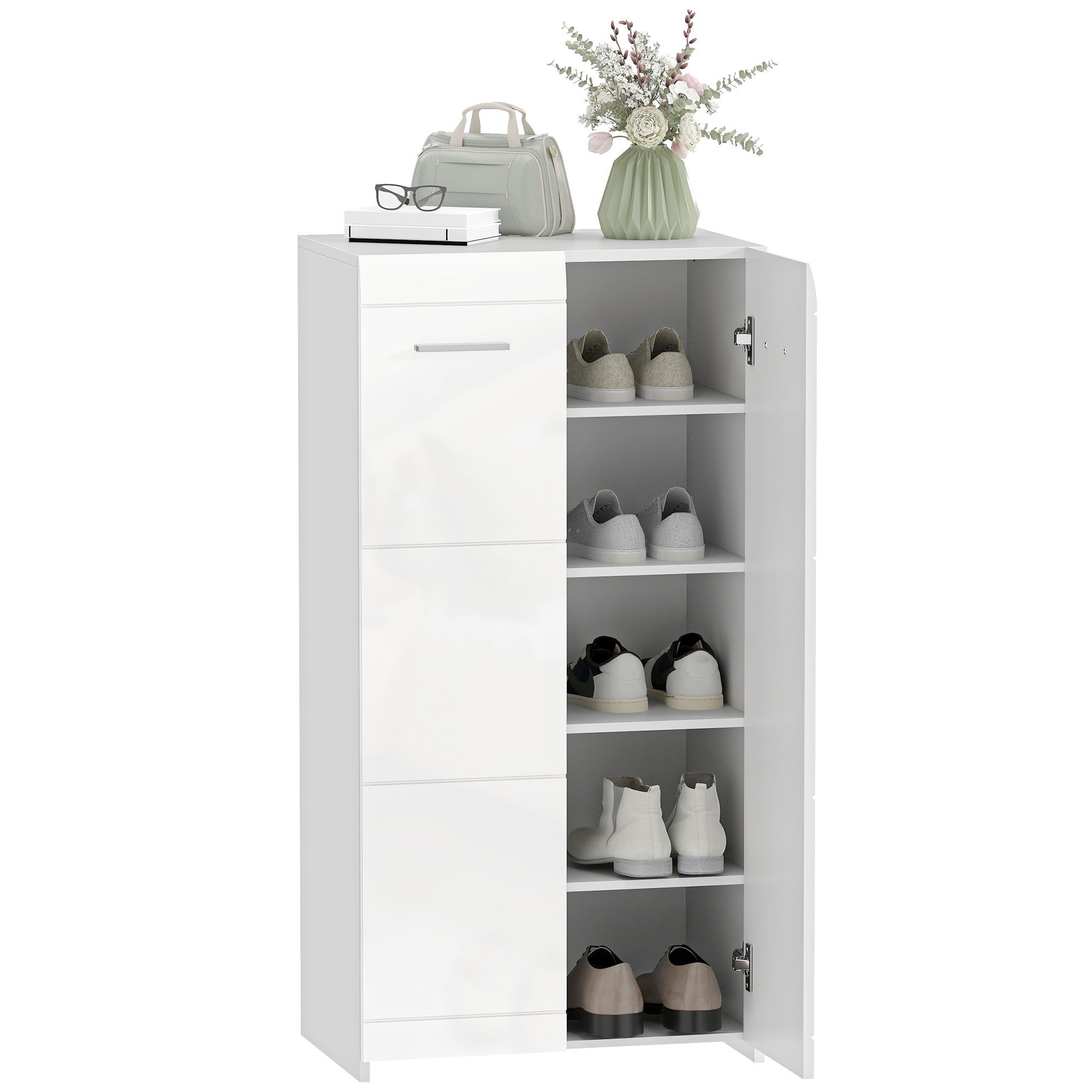 HOMCOM Schuhschrank Schuhaufbewahrung mit 2 Türen, Flurschrank, verstellbare Ablagen (Set, 1-St., 1er Set) Schuhschrank für 10 Paar Schuhe, Hochglanz Weiß