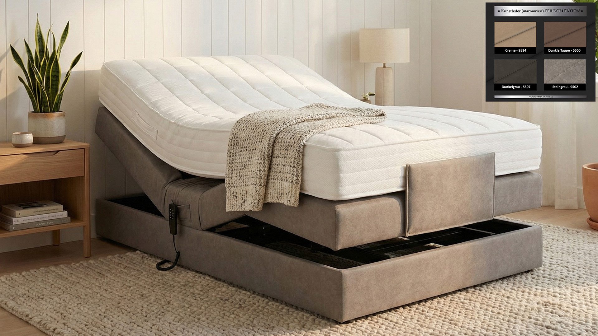 PAARA Boxspringbett ohne Kopfteil elektrisch verstellbar inkl. Matratze mit integrierten, mit einzigartigem Belüftungssystem