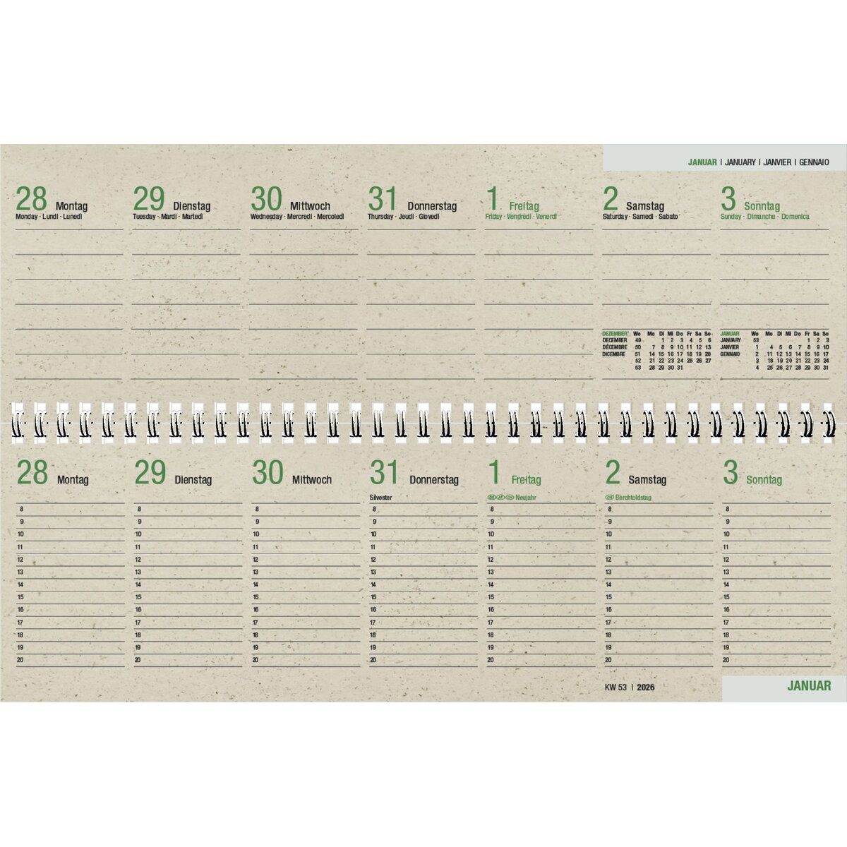 ZETTLER Schreibtischkalender Tischquerkalender Graspapier 32x10,5cm 1 Woche/2 Seiten 2027