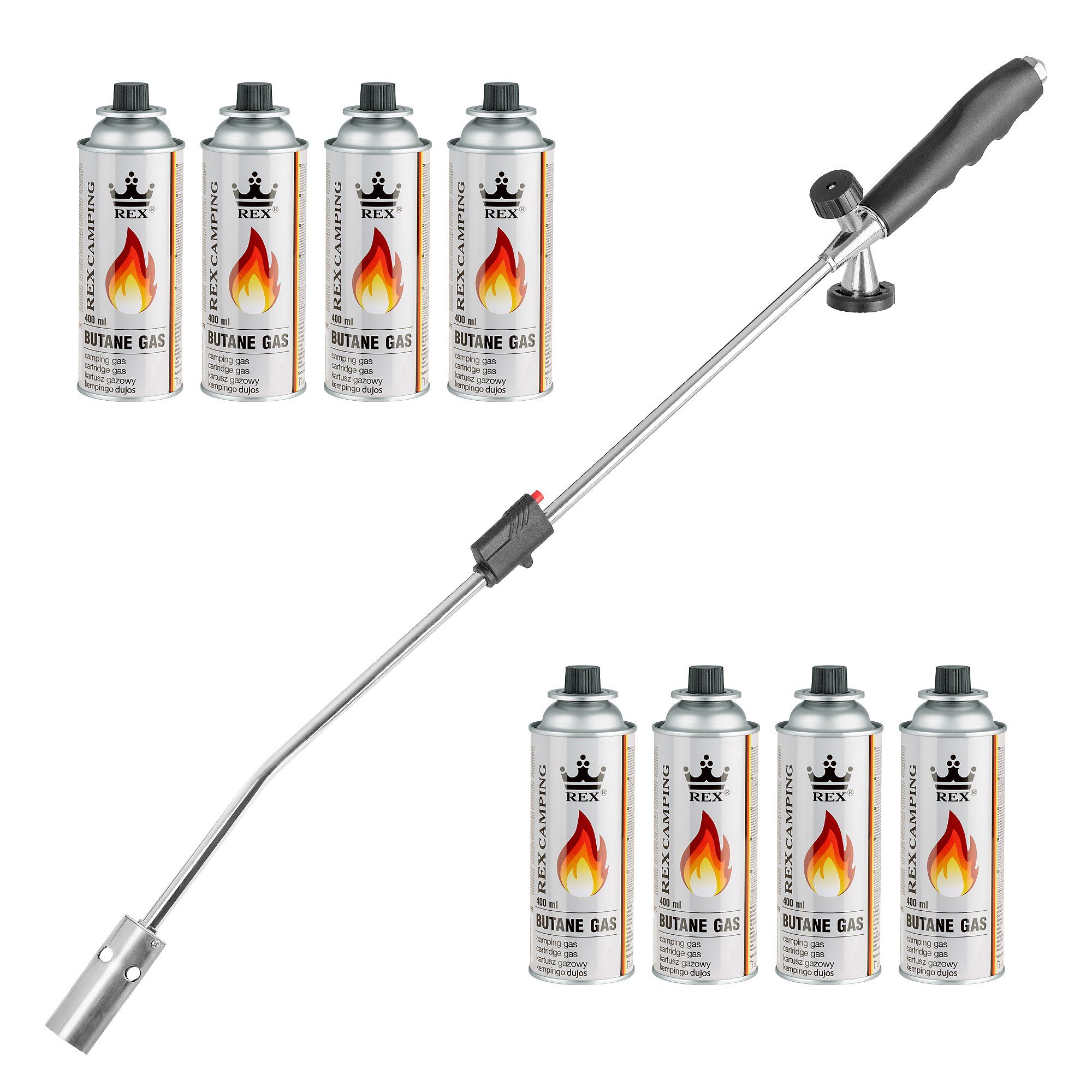 Mianova Unkrautbrenner Unkrautvernichter Gasbrenner Kohle Grillanzünder + 8x Gaskartuschen, 1300 °C maximal, (Unkrautreiniger Unkrautvernichter Abflammgerät Flammspritzpistole Gasbrenner Bunsenbrenner Lötbrenner Lötlampe), Temperatur bis zu 1300 ° C - Leistung: 2,5 kW, mit Piezo-Zündung