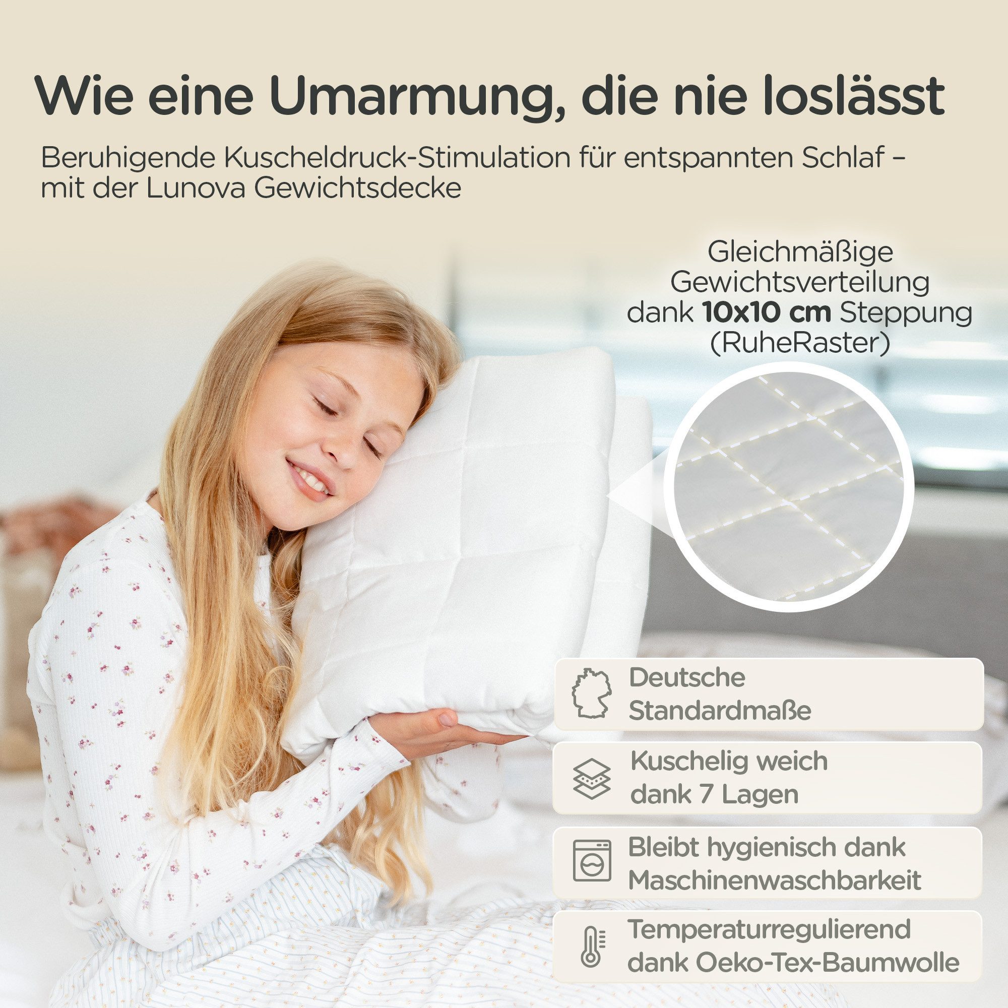 Lunova Gewichtsdecke für Kinder, Füllung: hypoallergene Glasperlen, Therapiedecke, waschbar, OEKO-TEX Baumwolle, 2-4 kg Gewicht – Bild 2 von 5