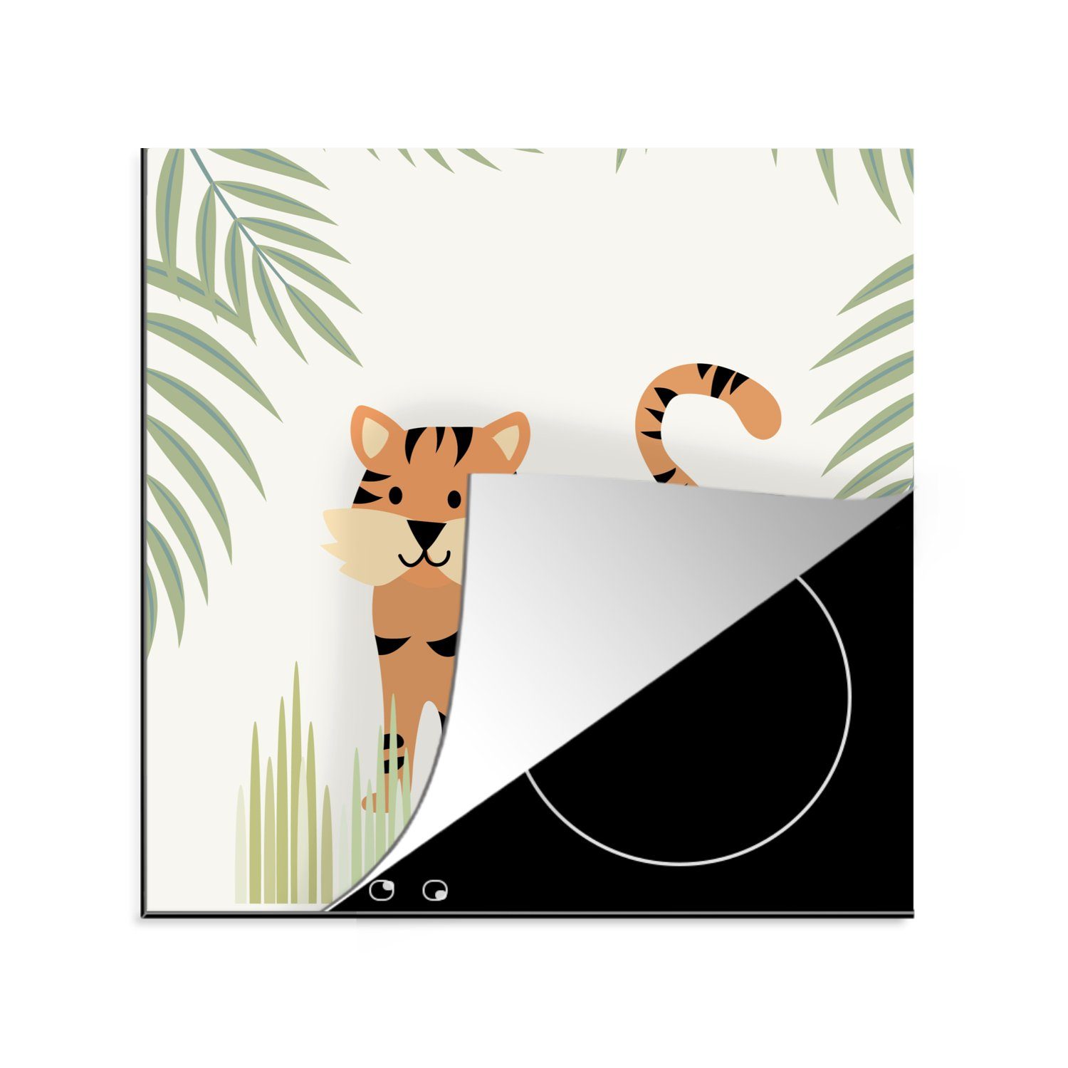 MuchoWow Herdblende-/Abdeckplatte Illustration eines Tigers im Dschungel, Vinyl, (1 tlg), 78x78 cm, Ceranfeldabdeckung, Arbeitsplatte für küche | Herdabdeckplatten