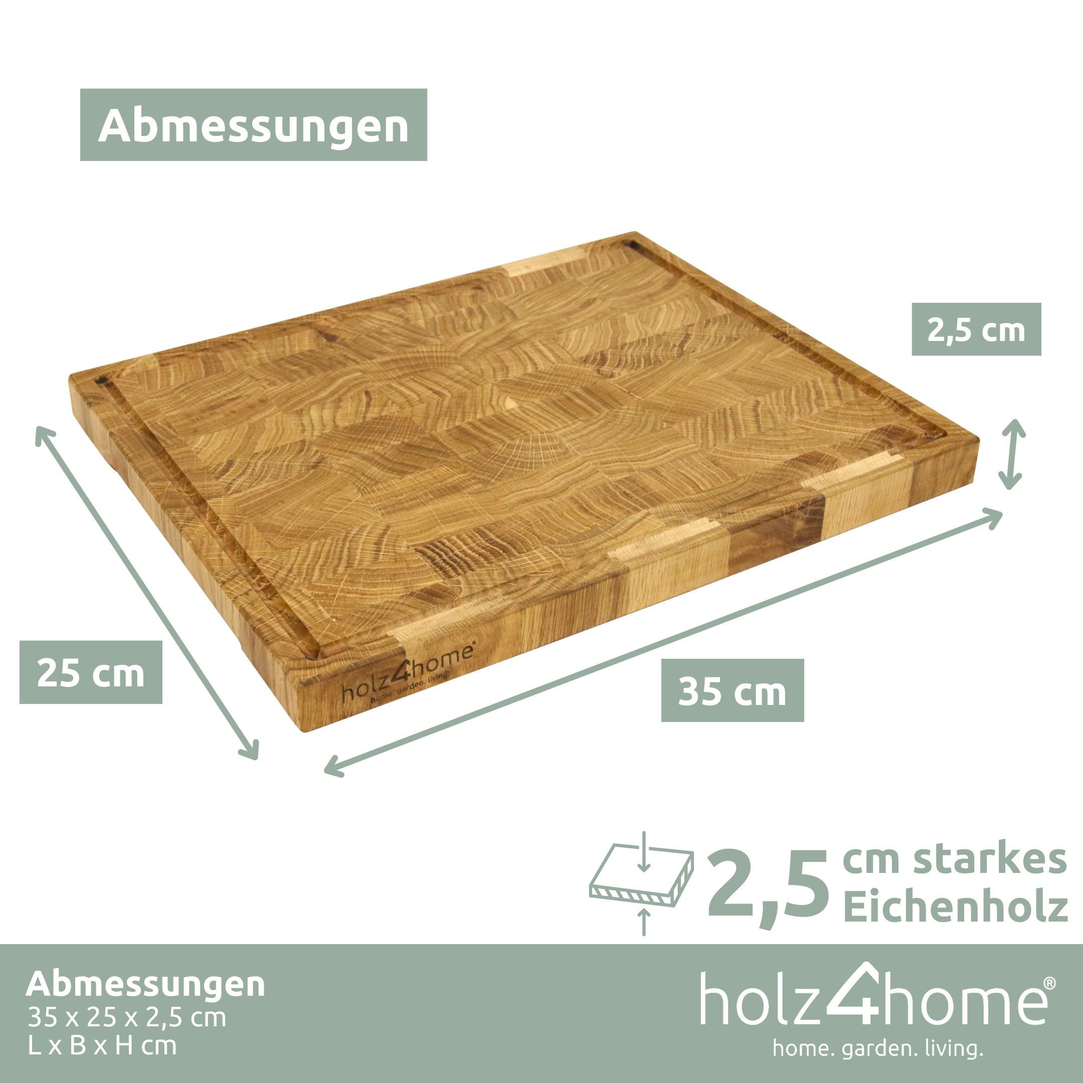 holz4home® Schneidebrett Küchenbrett aus Eichenholz I Hackbrett mit Saftrille in 3 Größen, Stirnholz mit Würfelmuster