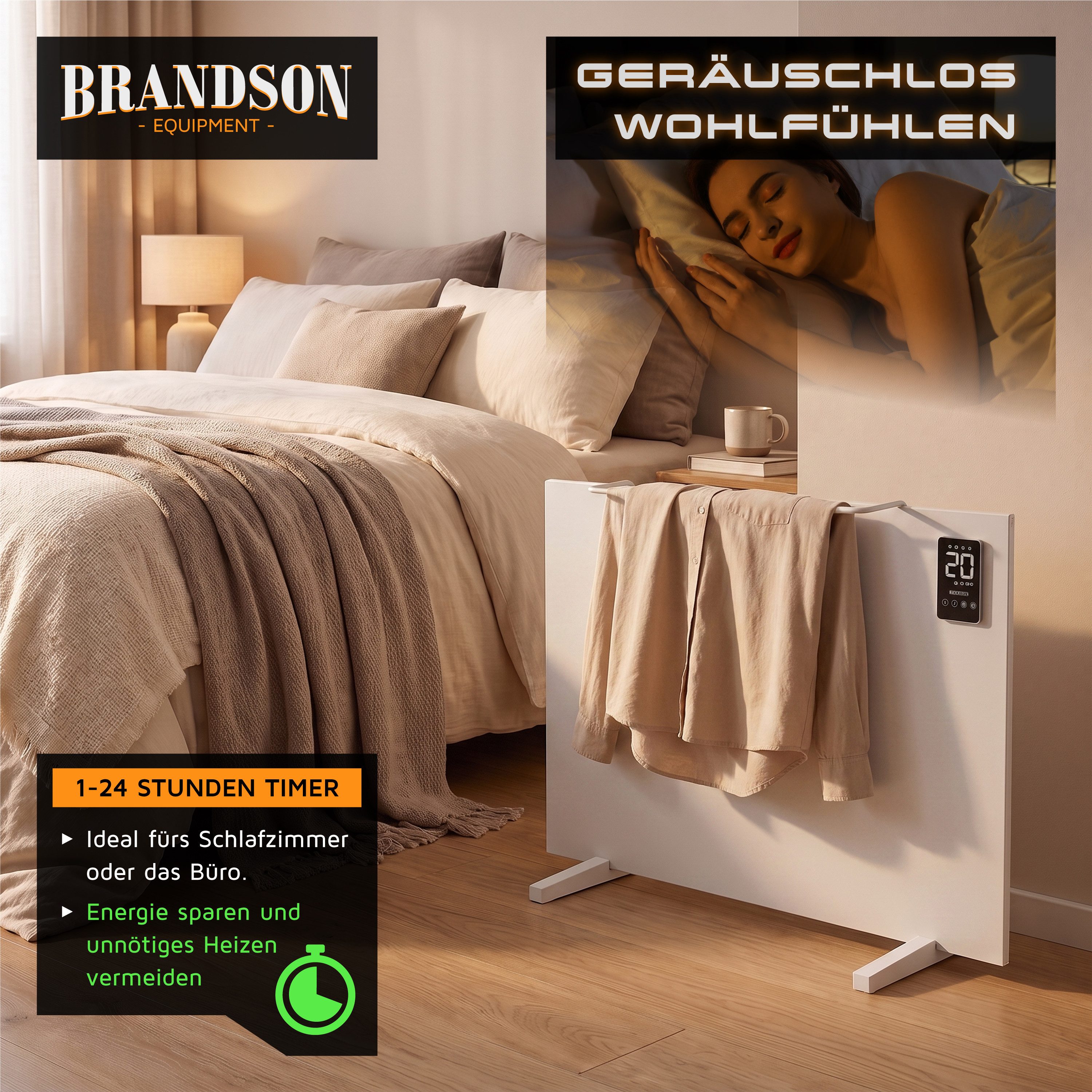 Brandson Infrarotheizung 450 W mit App, Fernbedienung & Trockengestell, Elektroheizung, Tuya & Alexa, Timer 1–24 h, ECO, Wand-/Standmontage – Bild 4 von 5