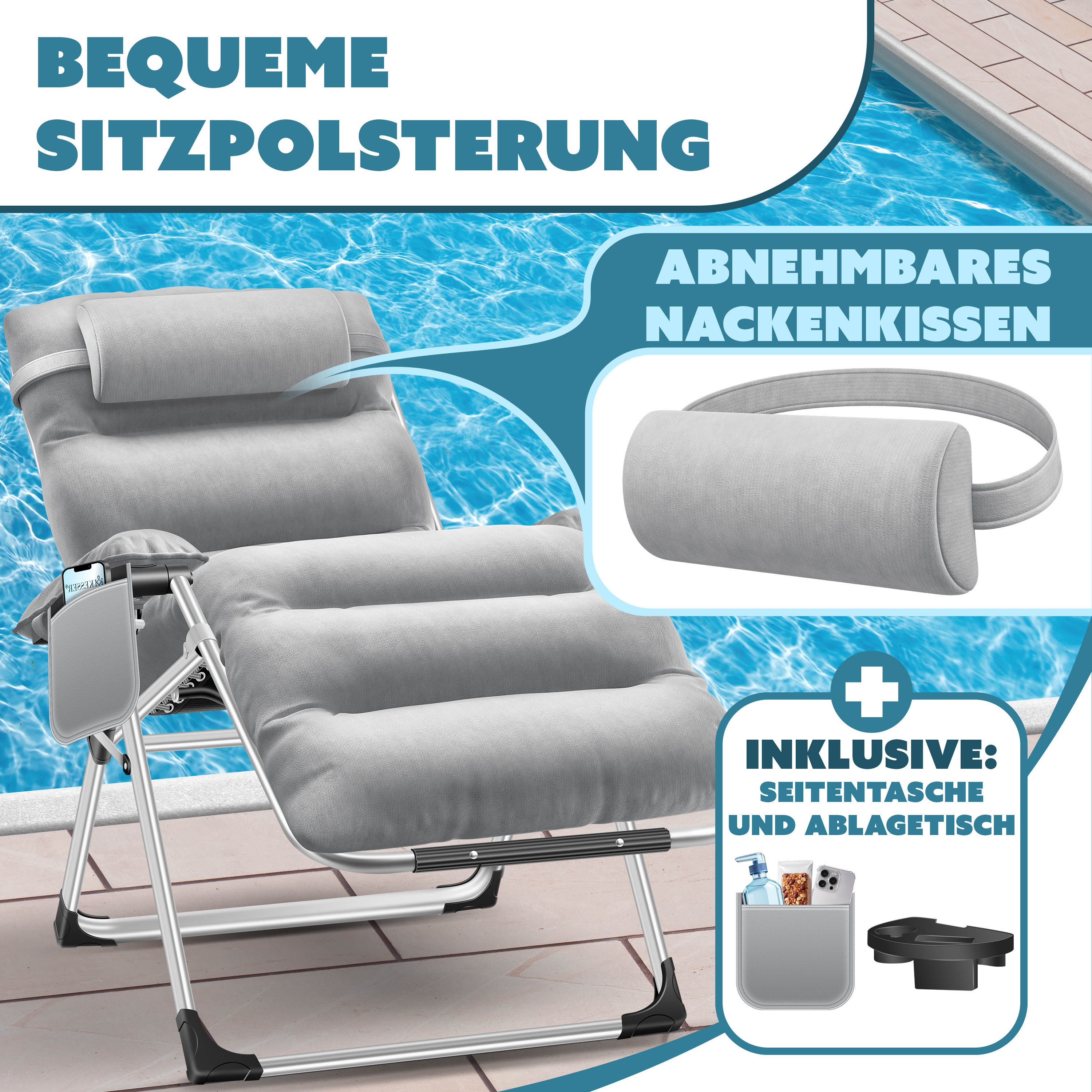 KESSER Gartenliege, Sonnenliege Liegestuhl Klappbar + Nackenkissen Gartenstuhl