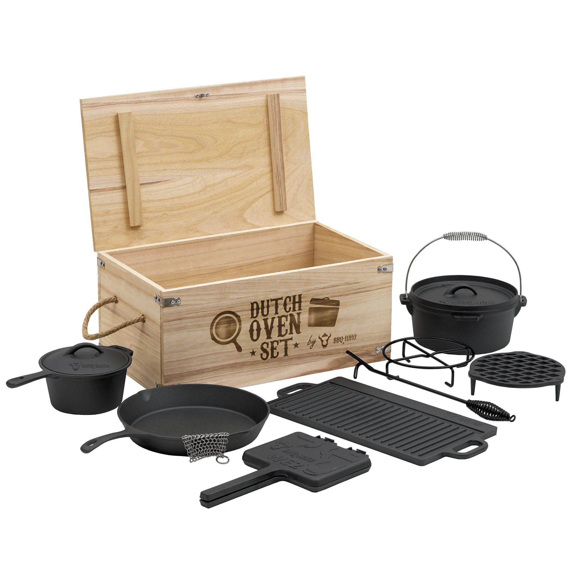 BBQ-Toro Grilltopf 10-teiliges Dutch Oven Set in Holzkiste mit Waffeleisen, Stieltopf, Gusseisen (Set, Dutch Oven Set in Holzkiste)