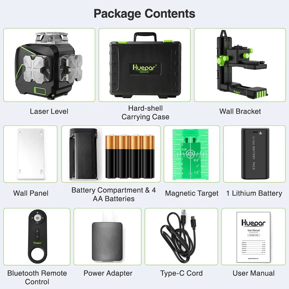 Huepar Kreuzlinienlaser Huepar S03CG grün 3D Kreuzlinienlaser mit Fernbedienung im Koffer