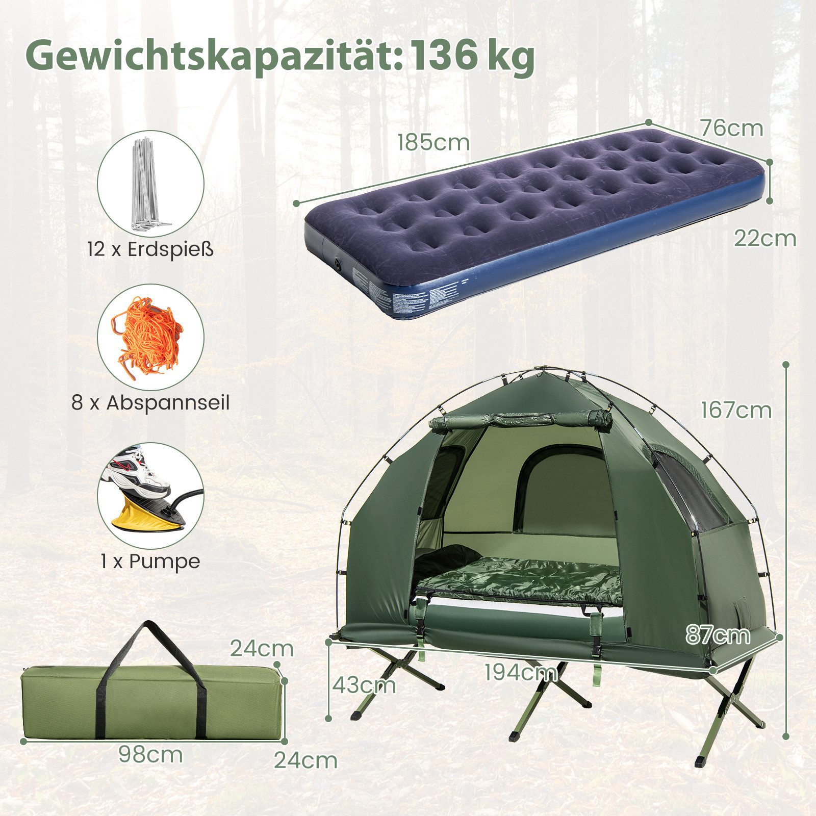 COSTWAY Kuppelzelt, Personen: 1, 5 in 1 Feldbett mit Luftmatratze