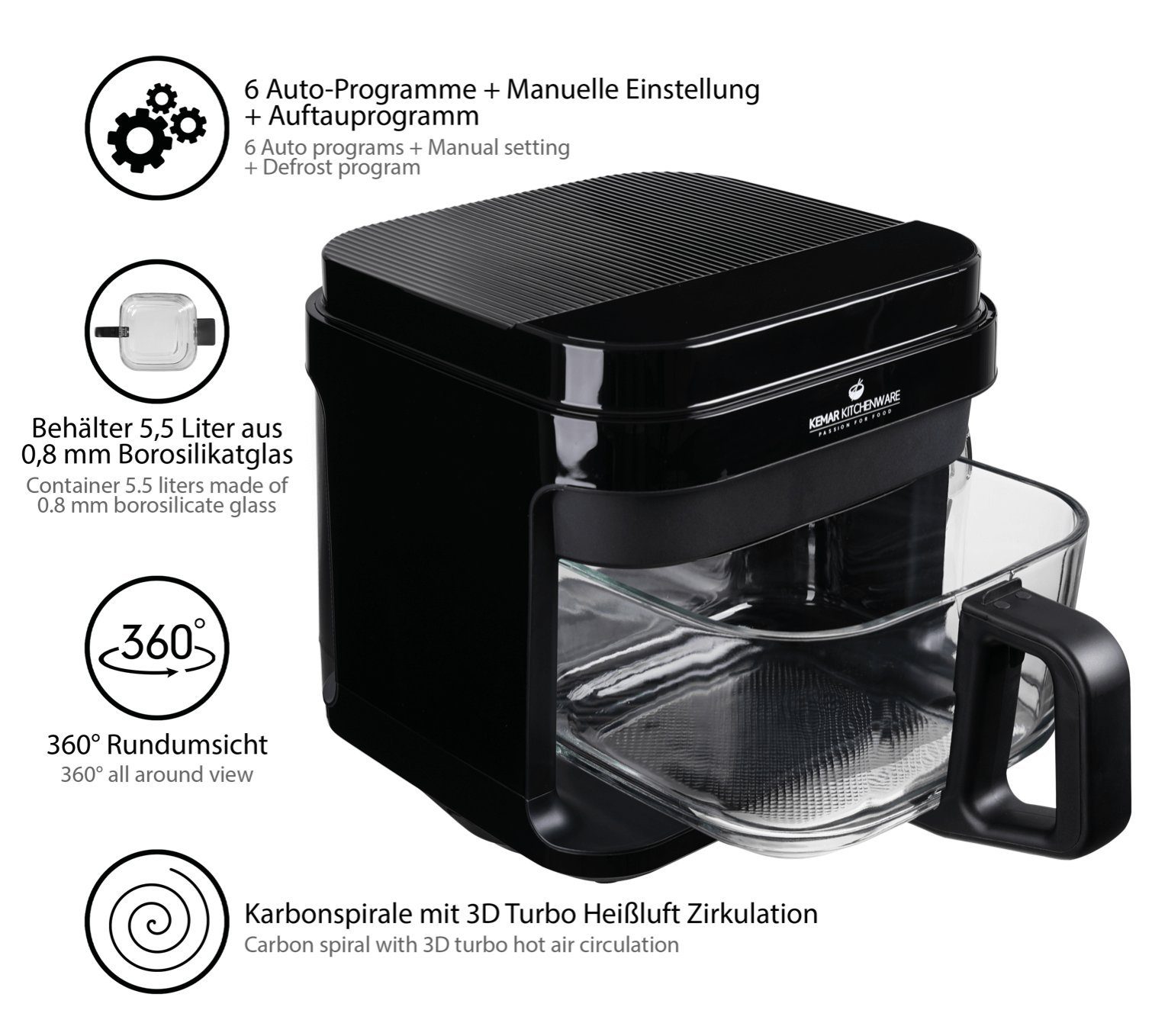 KeMar Kitchenware Heißluftfritteuse, 1200,00 W, Glasbehälter, Edelstahleinsatz, ohne Beschichtung, Zange, Silkonmatte