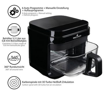 KeMar Kitchenware Heißluftfritteuse KHF-550, 1200,00 W, 5,5 L Fassungsvermögen, Glasbehälter, Spülmaschinenfest, Edelstahleinsatz