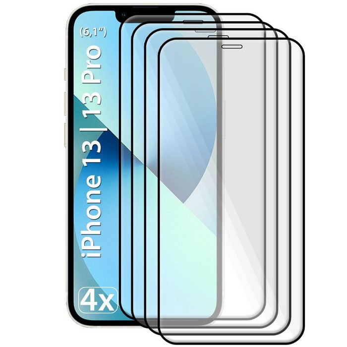 Dooloo Schutzfolie 4x Fullcover 9D iPhone 13 13 Pro Panzerglas (Spar-Set 4-St) Echt Glas Schutzfolie Panzerfolie Schutzglas Panzerglas Folie