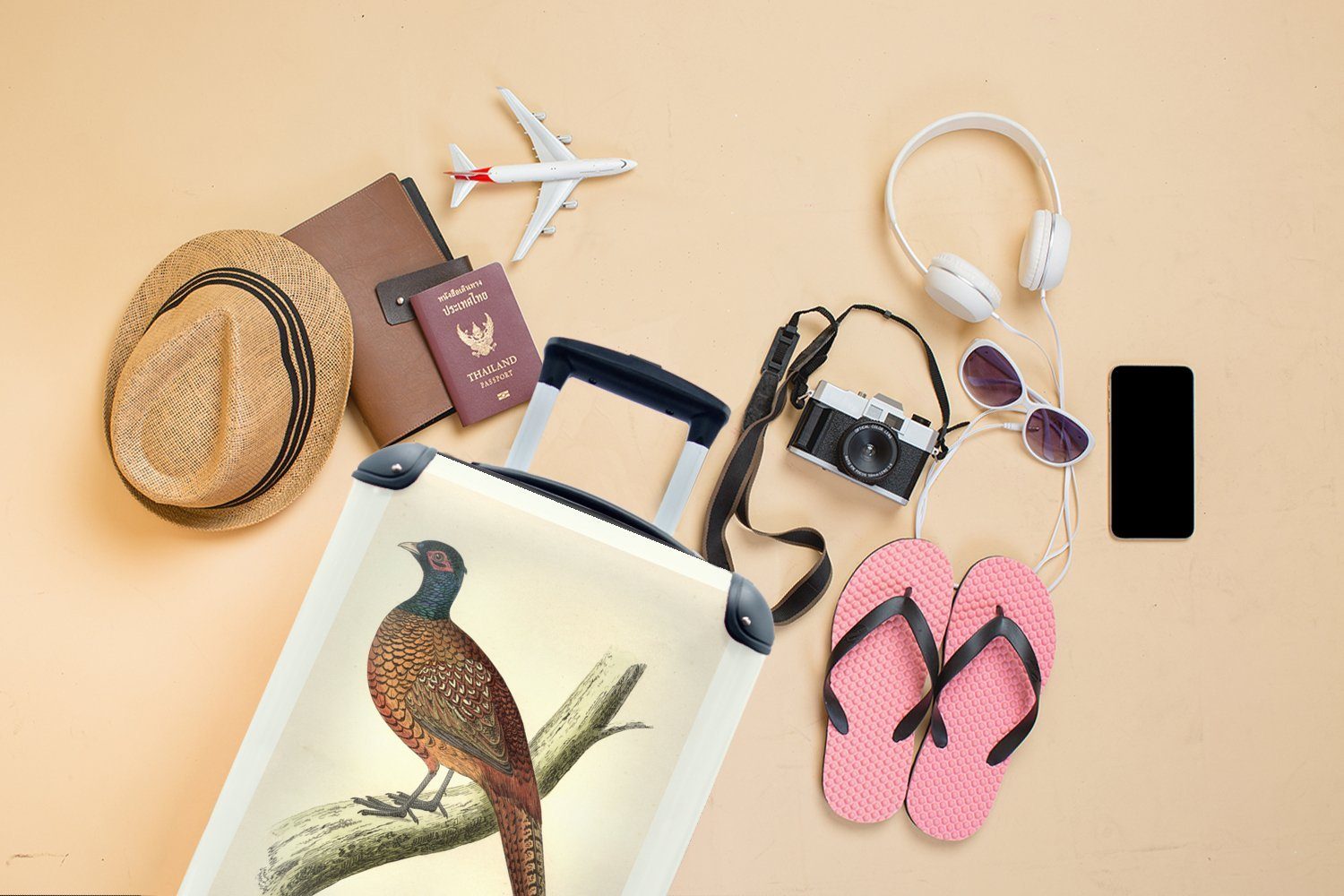 MuchoWow Reisekoffer Handgepäckkoffer rollen, mit 4 Vogeldruck Fasan, Handgepäck für Antiker Rollen, Trolley, Reisetasche Ferien,
