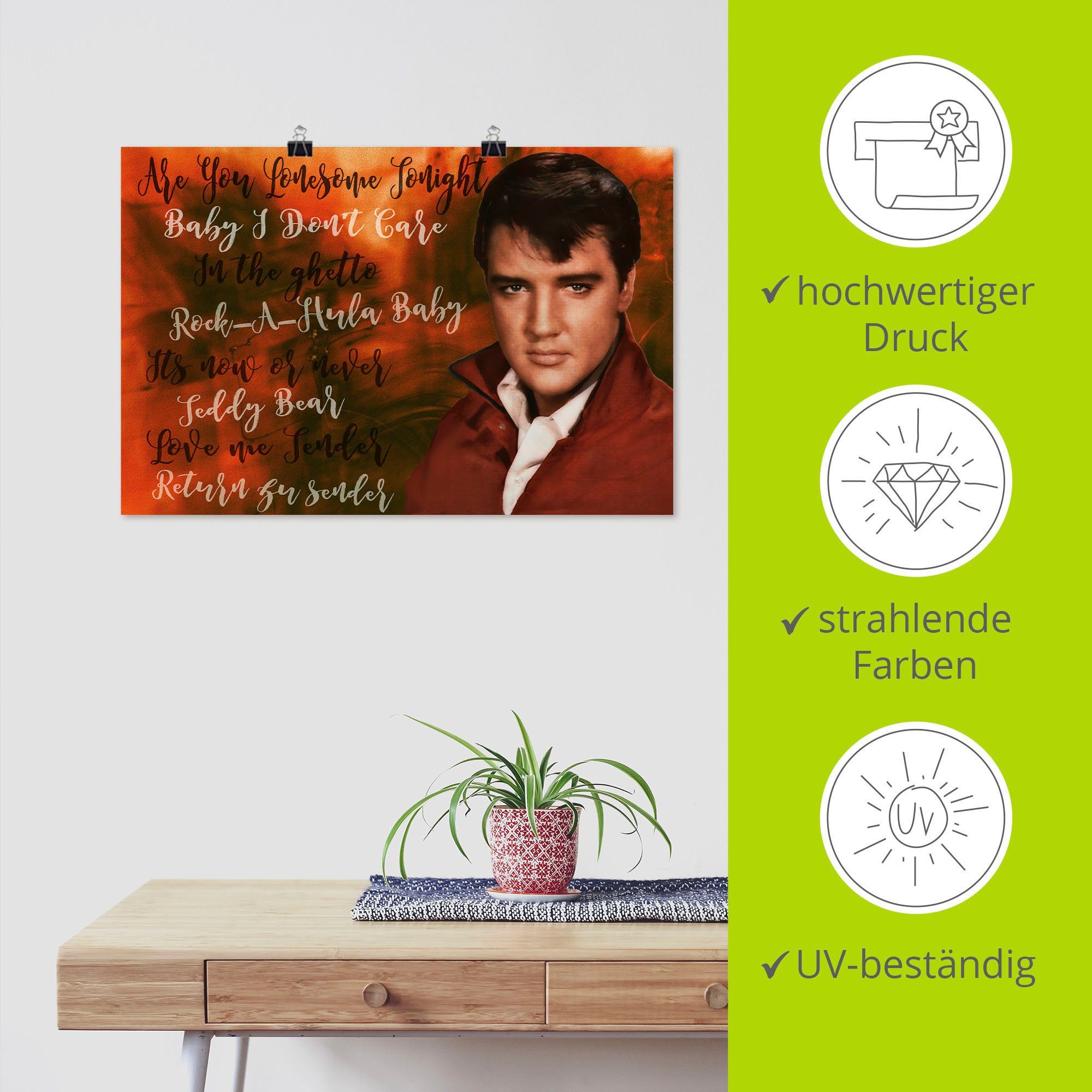 von Elvis oder berühmten Bilder in Wandbild (1 Musikern Größen versch. Wandaufkleber Star, Alubild, Artland St), Poster Leinwandbild, als