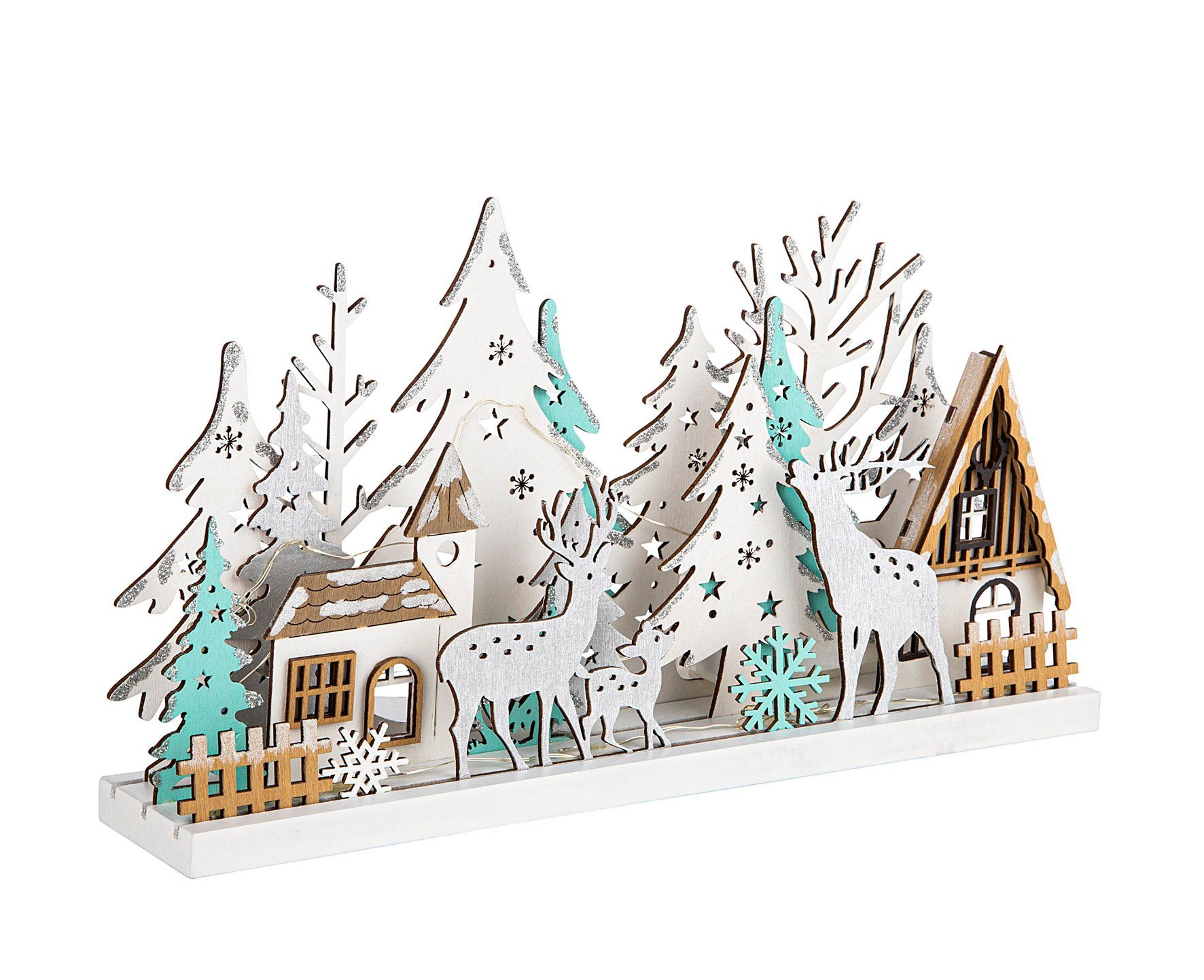 Spetebo Winterlandschaft LED Holz Winterlandschaft mit Glitzer 30 cm, Deko Winterlandschaft mit weihnachtlicher Beleuchtung