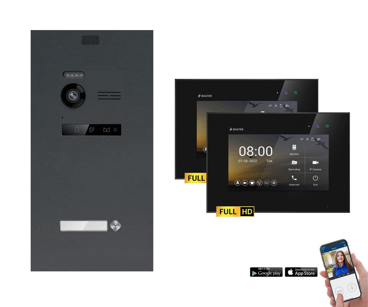 Balter Video-Türsprechanlage EVO-HD Komplettsystem 1-Familie Anthrazit 2x 7" WLAN Monitore Schwarz (Set, 1-Familienhaus, Komplettset, FullHD Kamera, mit App)
