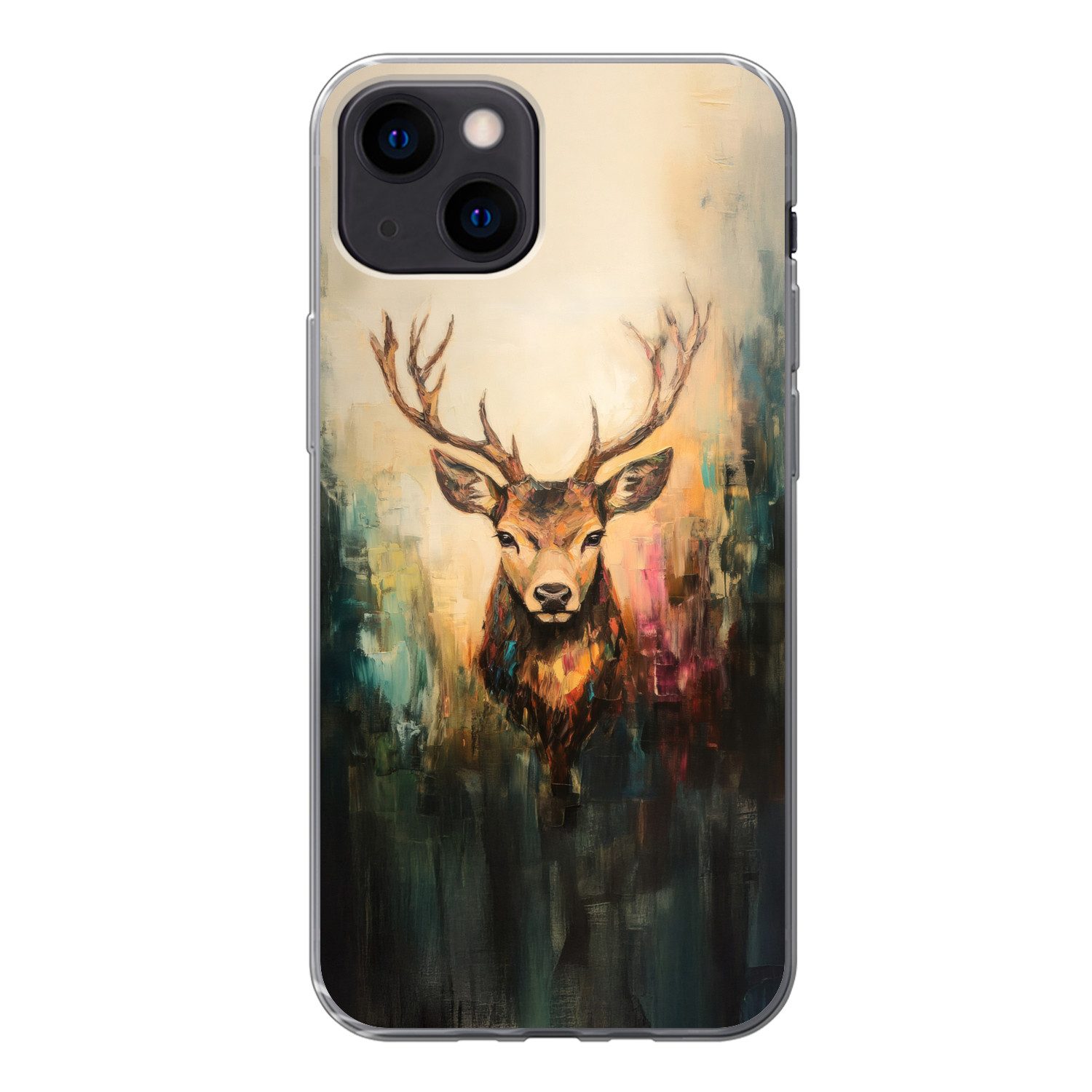 MuchoWow Handyhülle für Apple iPhone 13 mini Hirsch - Gemalt - Geweih - Braun, Smartphone-Bumper, Print, Handy Schutzhülle Dünn