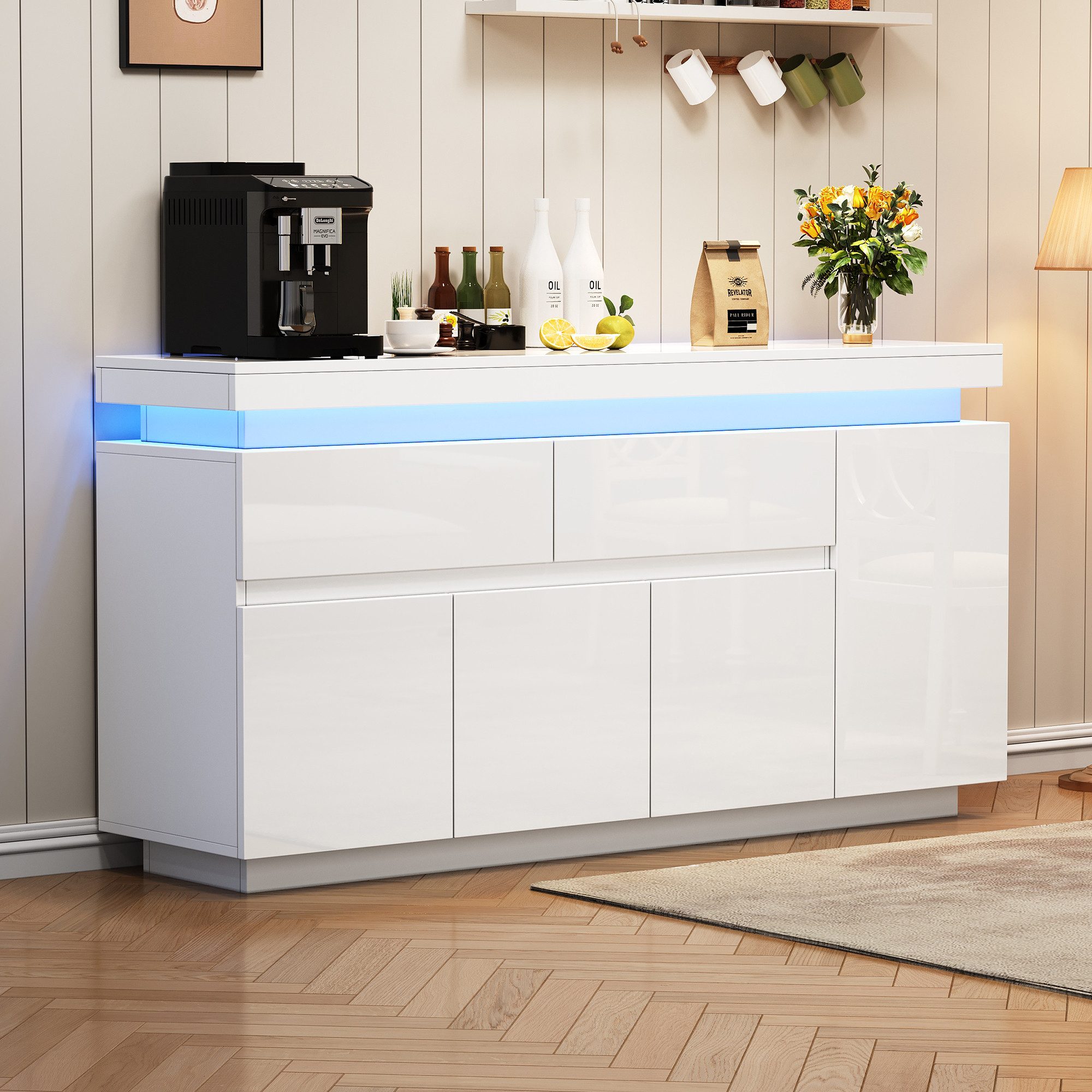 Merax Sideboard Hochglanz Anrichte Buffetschrank mit LED-Beleuchtung in Weiß (1 St., Wohnzimmerschrank, Beistellschrank, 140x35x72,5cm), Kommode mit 2 Schubladen, verstellbaren Einlegeböden & Stauraum