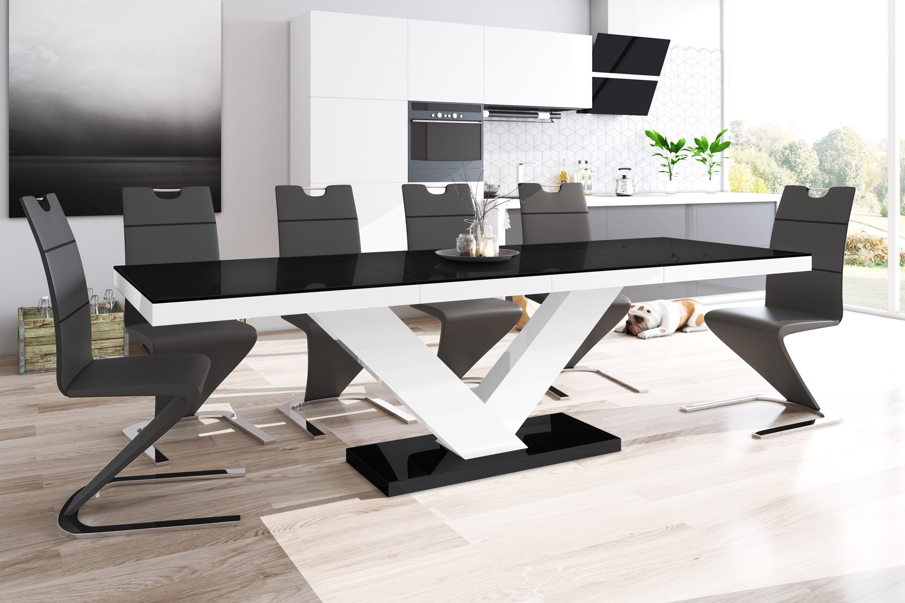 designimpex Esstisch Design Tisch HE-999 Schwarz / Weiß Hochglanz ausziehbar 160 bis 256 cm Schwarz Hochglanz / Weiß Hochglanz