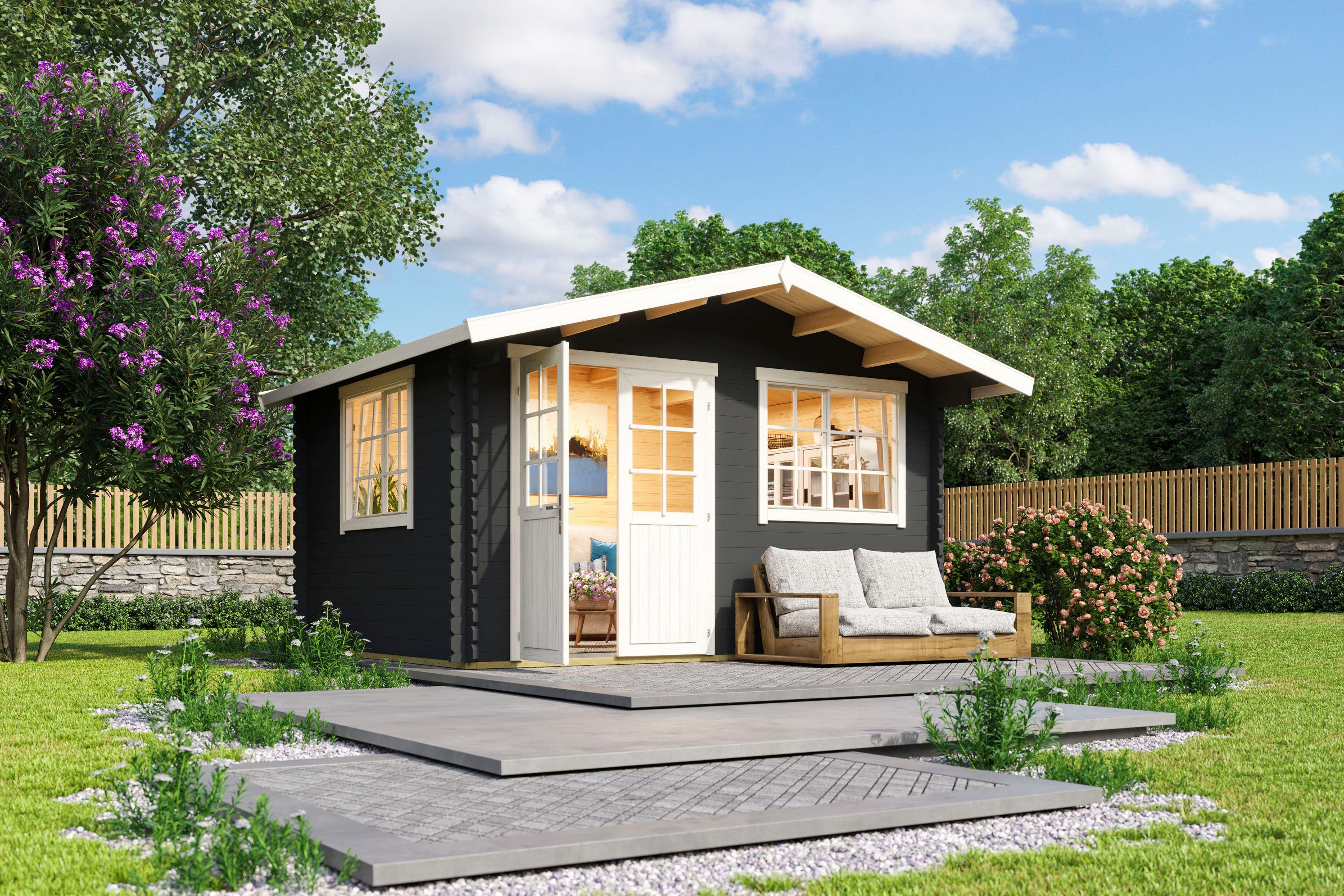 LASITA MAJA Gartenhaus Norderney 2, BxT: 444,6x390 cm, (Set, inkl. Fussbodenbretter zum verlegen), Blockbohlenhaus 40 mm