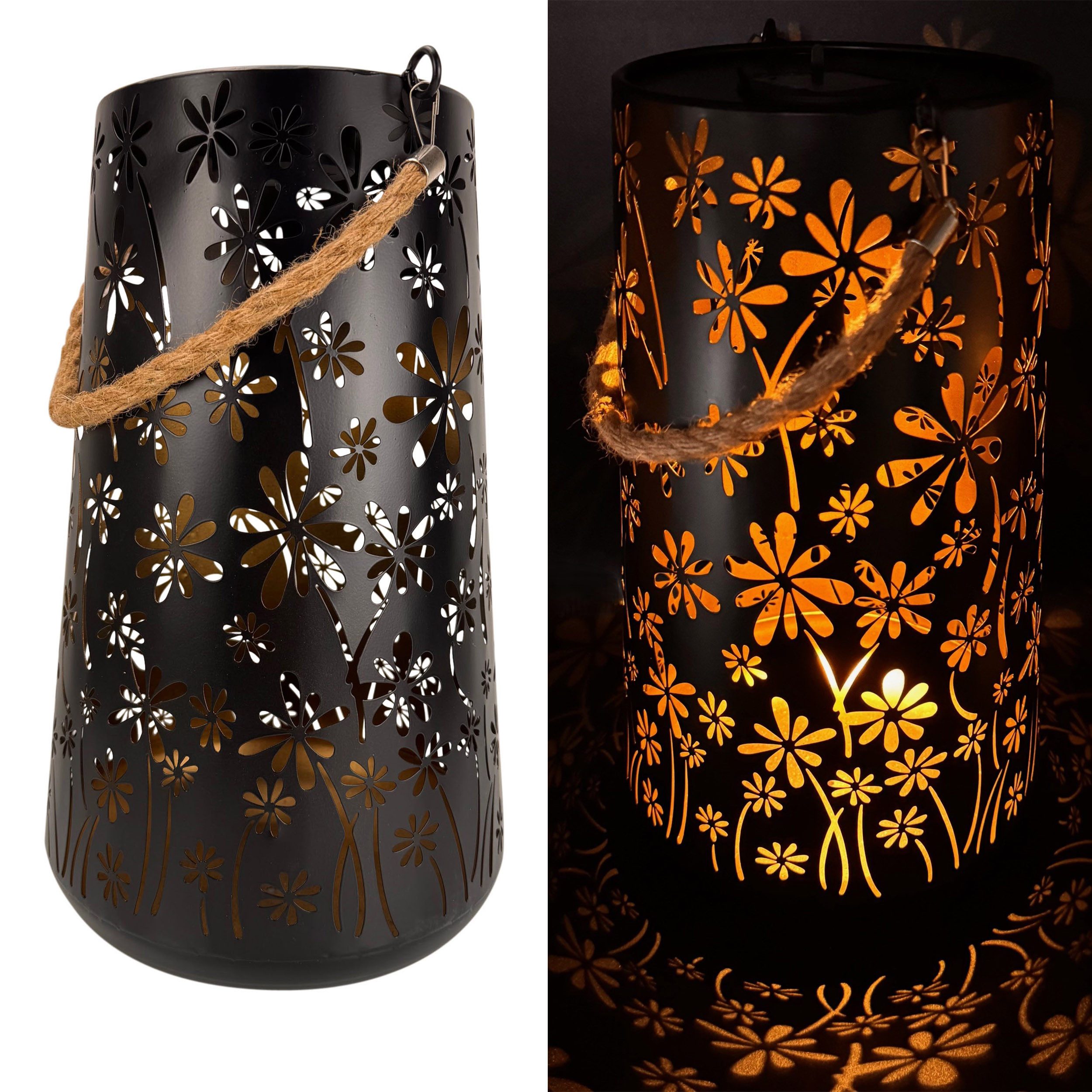 Online-Fuchs LED Laterne mit Solarbeleuchtung und Lichtspiel - Outdoor - Schwarz, 37 cm groß, faszinierendes Blumebild in der Dunkelheit, warmweiße Beleuchtung, Dekoration für Garten, Terrasse und Balkon