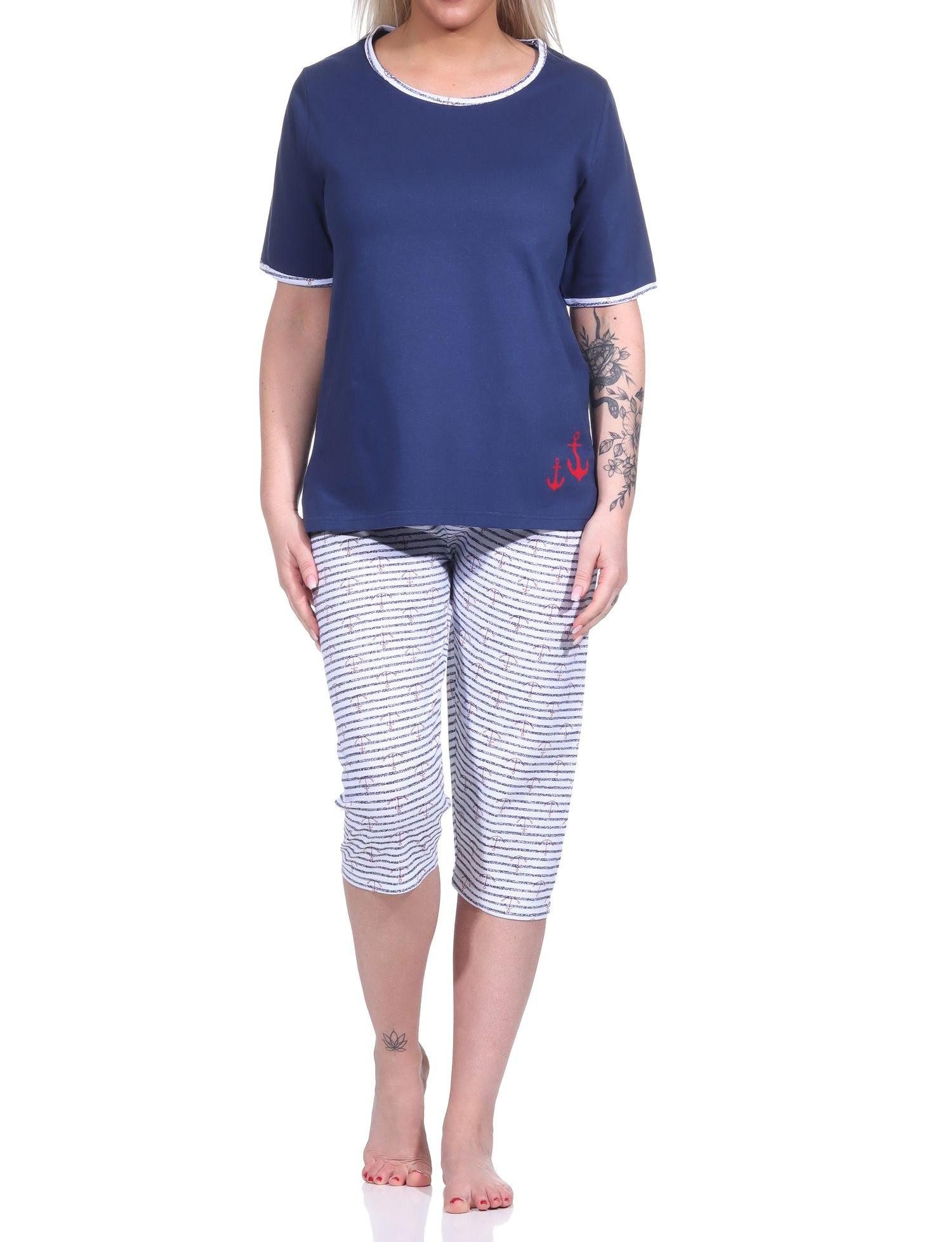 Pyjama Capri Pyjama kurzarm Schlafanzug mit 3/4-Hose in maritimer Optik