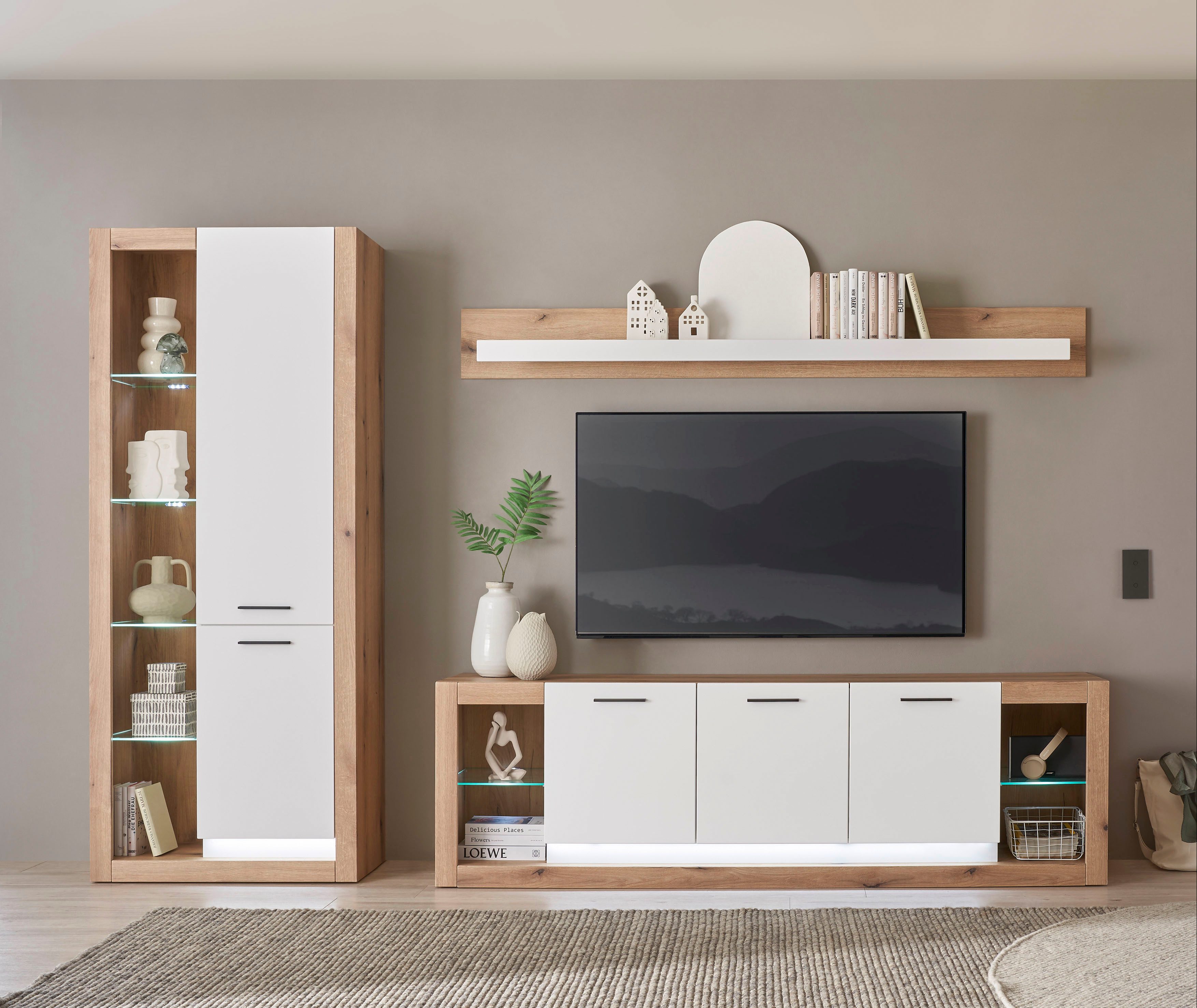 INOSIGN Wohnwand Brixen, moderne Anbauwand, Wohnzimmer-Set, Eiche Evoke Dekor mit Weiß, (Set, 3-St), enthält Stauraumelement, Lowboard und Wandboard