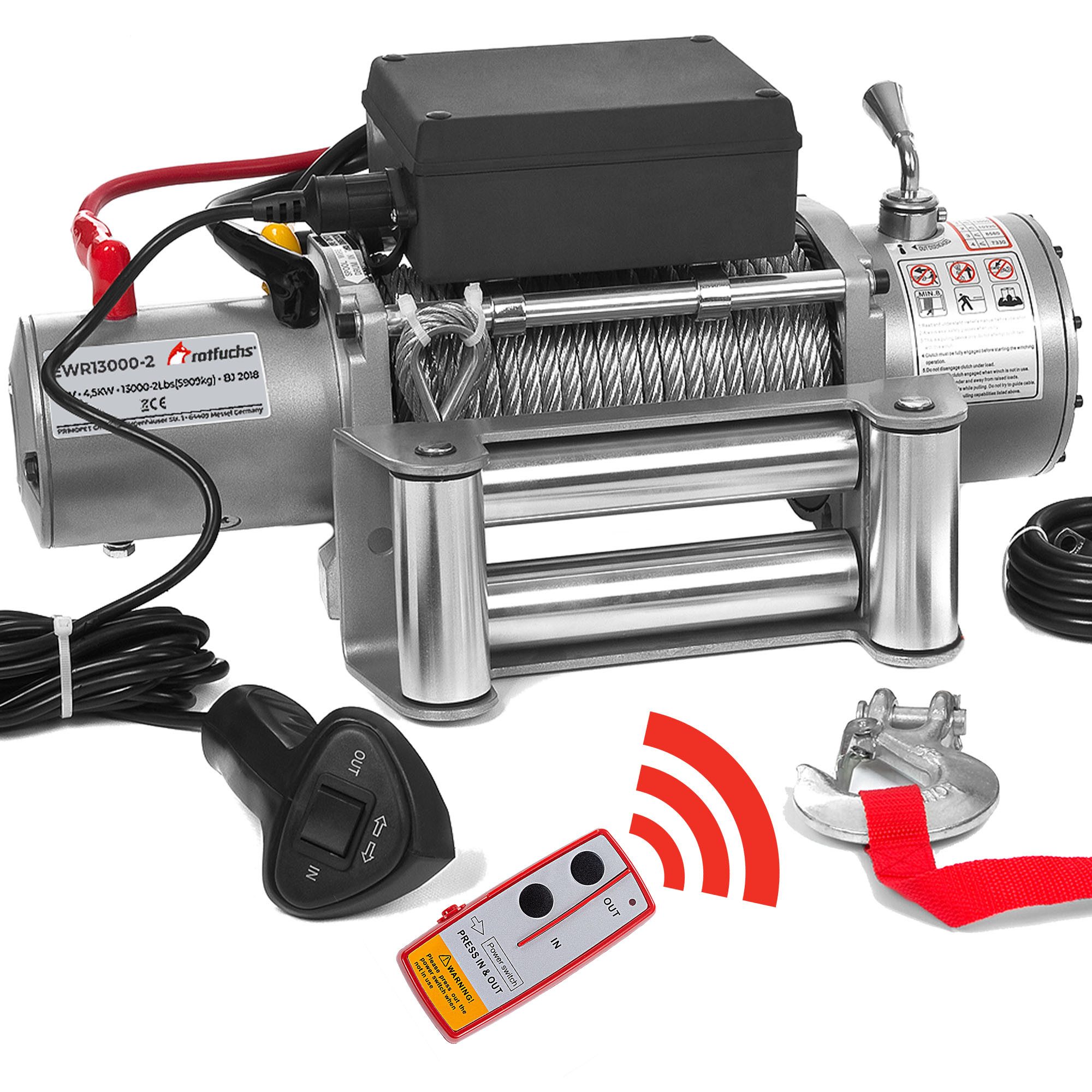 Rotfuchs Seilwinde, 12v mit Funkfernbedienung, 5909 kg Zugkraft, 6 PS Power Bergewinde