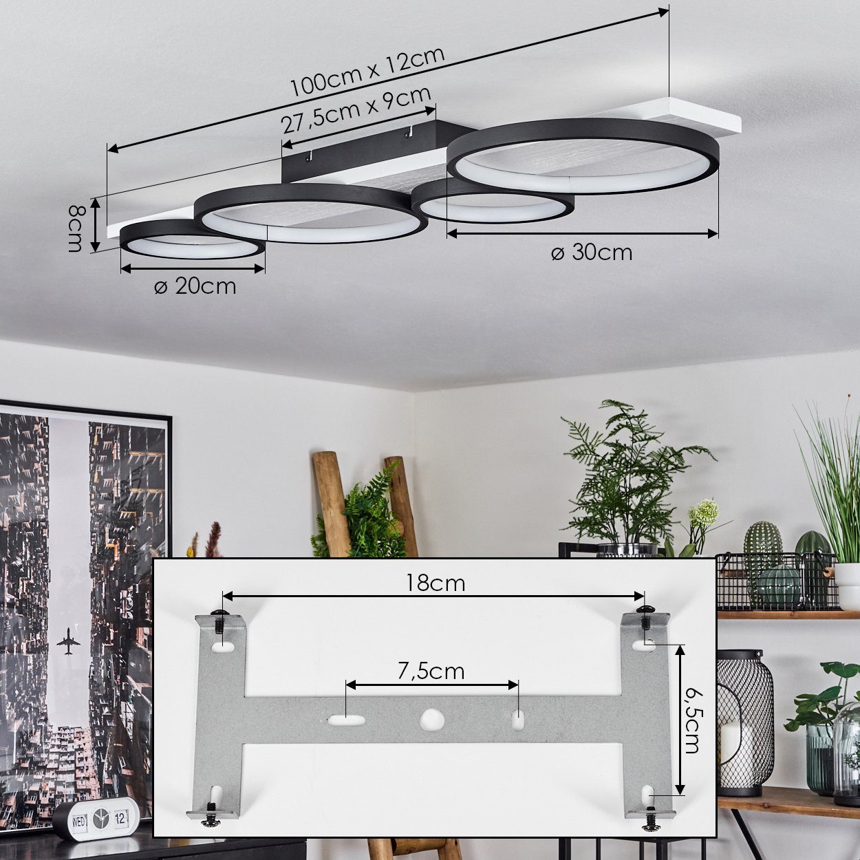 herkömmlichen Deckenlampe »Caces« in Schwarz/Weiß, hofstein 5100 Kelvin, dimmbare LED, Lumen Lichtschalter Holzbalken, über dimmbar, aus 3000 Metall/Holz Deckenleuchte