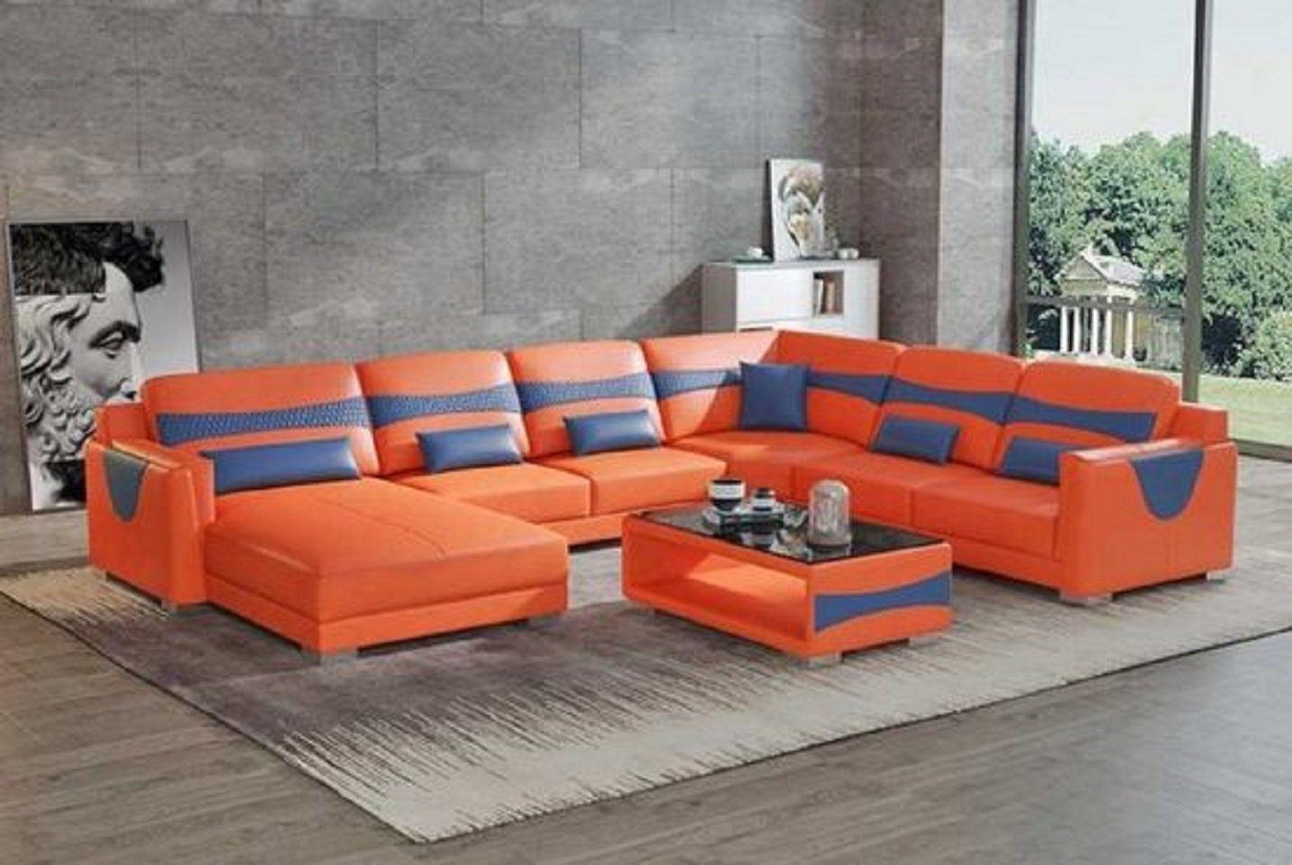 JVmoebel Ecksofa Luxus Wohnlandschaft Sofa U Form Groß Ecksofa Kunstleder Neu, 4 Teile, Made in Europe Orange/Blau