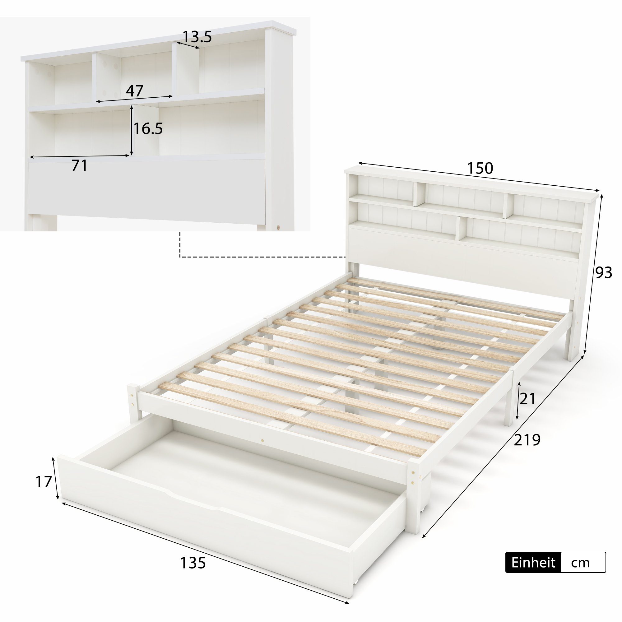 Massivholzbett (Doppelbett mit Schublade und Lattenrost), Holzbett mit Bücherregal, Kinderbett Jugendbett 140x200 cm