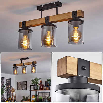 hofstein Deckenleuchte »Ramera« Deckenlampe aus Metall/Holz/Glas in Schwarz/Natur/Rauchfarben, ohne Leuchtmittel, Leuchte im Retro/Vintage-Design mit Schirmen aus Glas (10cm), 3xE27