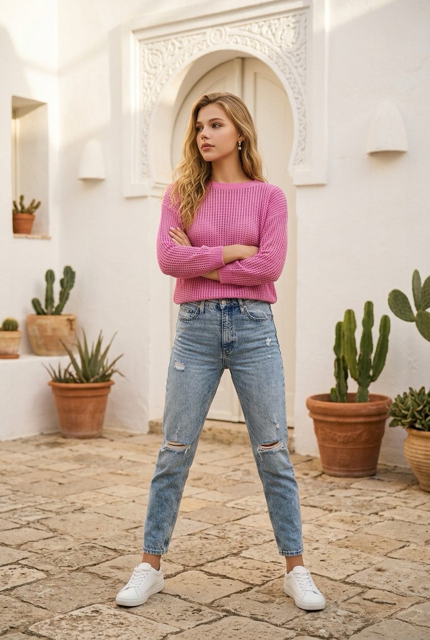 Zuckerwatte Ajourpullover in sommerlicher mit Langarm