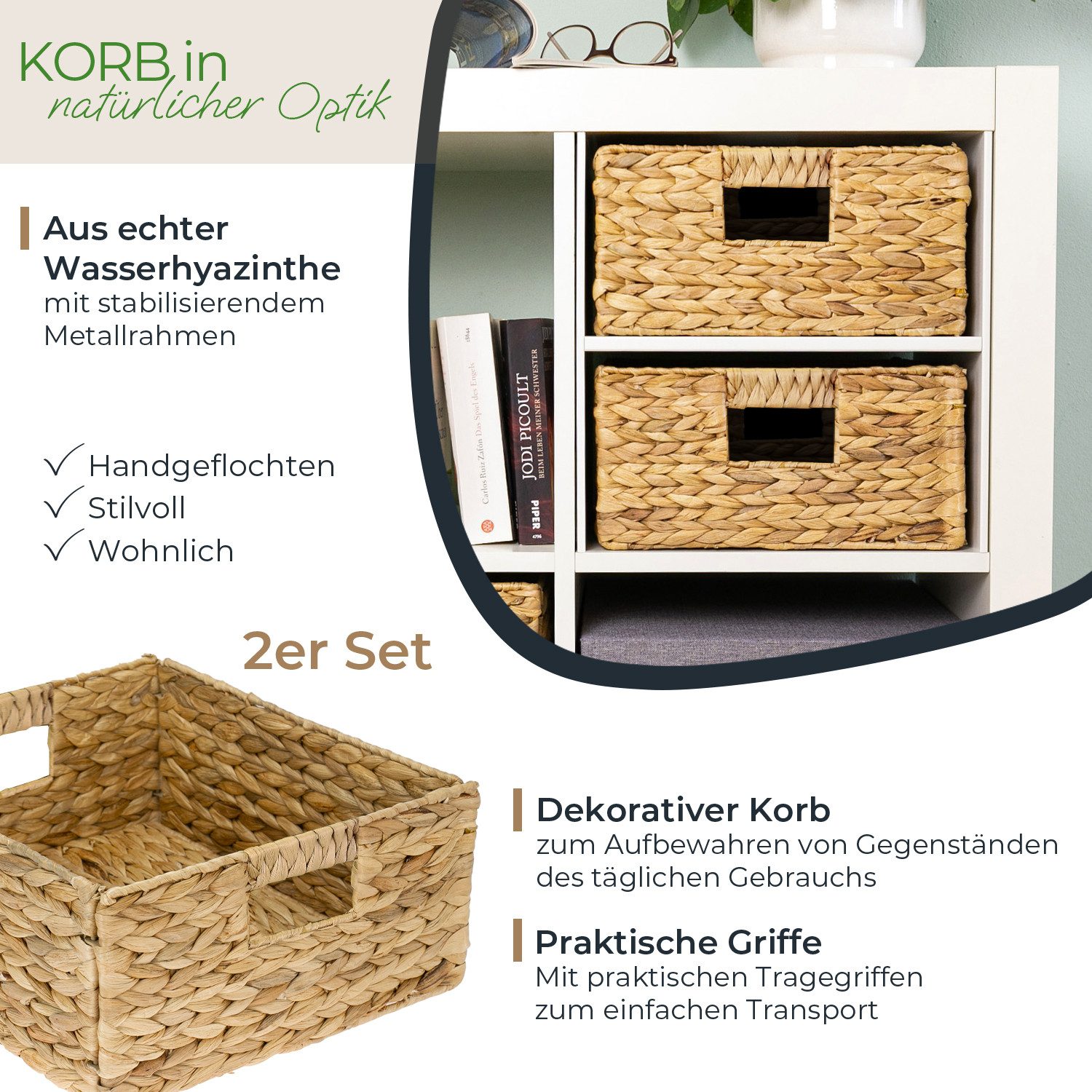HMF Regalkorb 2er Set Aufbewahrungskorb passend für KALLAX halbes Fach, Korb geflochten aus Wasserhyazinthe mit Griffen, 30 x 34 x 15 cm – Bild 2 von 5