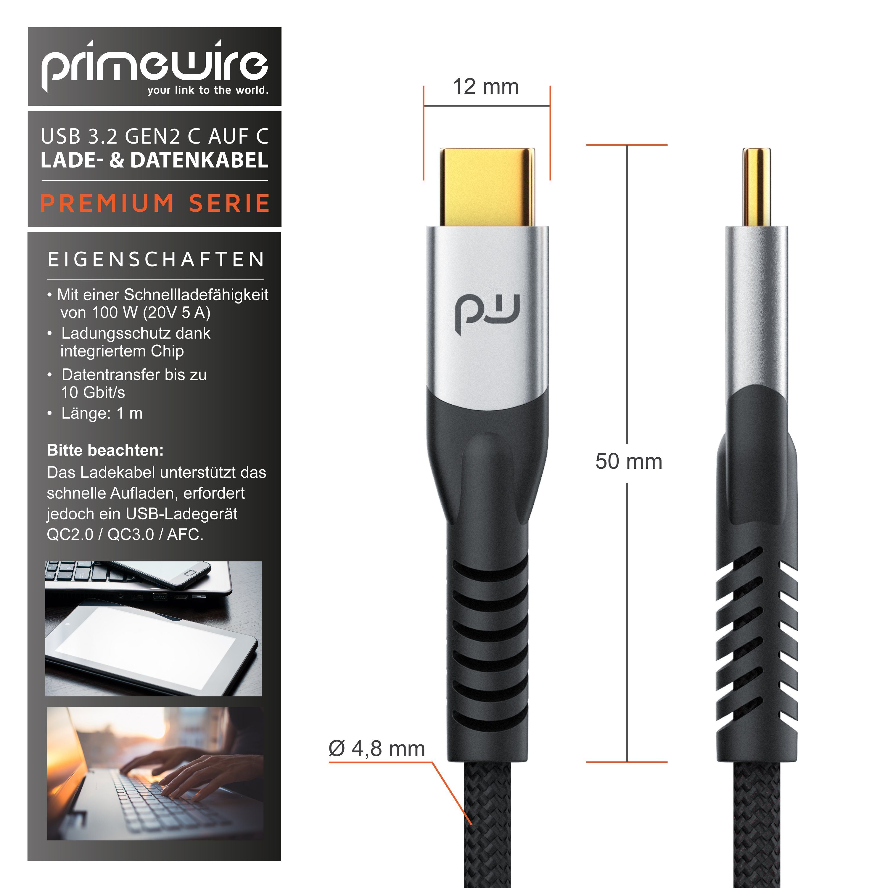 Primewire USB 3.2 Gen2 - Power Delivery 100 W - Datenkabel 10 Gbit/s - 1m USB-Kabel, USB Typ C, USB Typ C Stecker (100 cm), schnelles Laden für Smartphone, Tabl – Bild 2 von 5