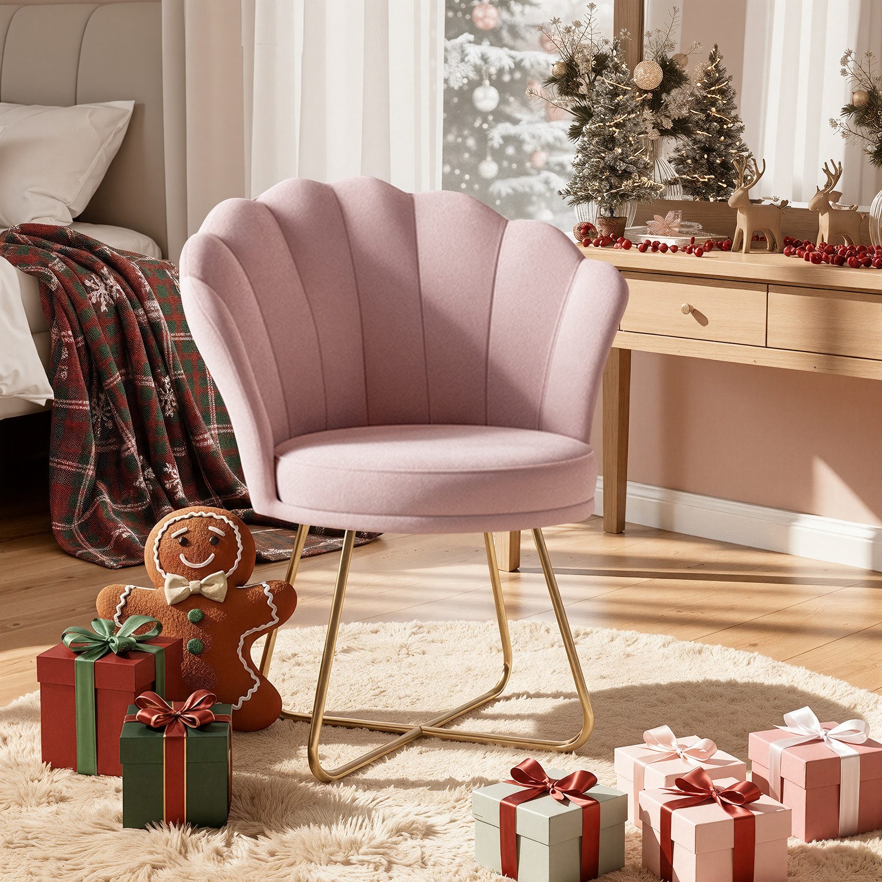 HawthyHome Polsterstuhl Polstersessel mit Blütenblatt-Rückenlehne & Goldene Metallbeine (1 St), ideal für Esszimmer & Schminktisch