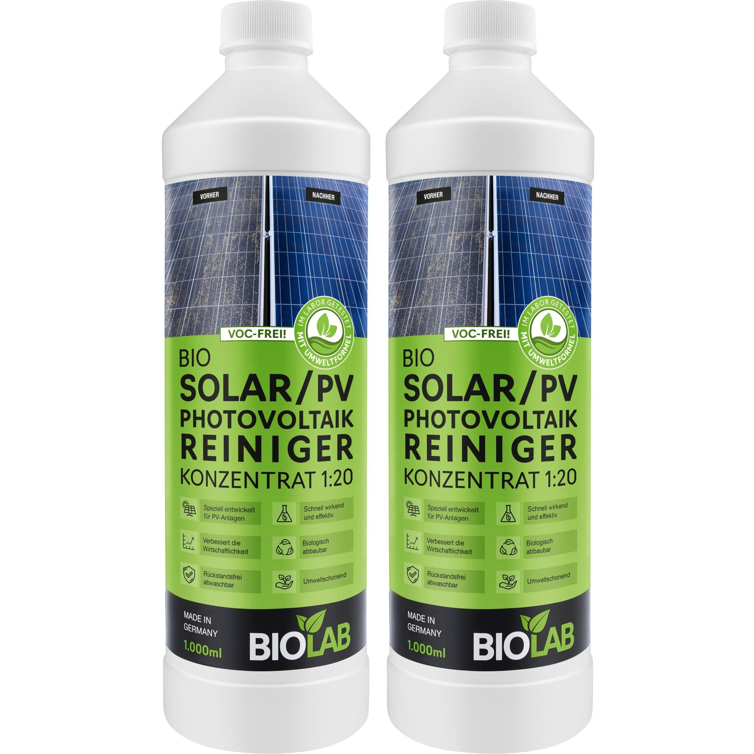 BIOLAB Bio Solar und PV Photovoltaik Reiniger Konzentrat 1:20 Reinigungskonzentrat (2-St. 2 x 1000 ml Solaranlagen Reinigungsmittel Solarreiniger)