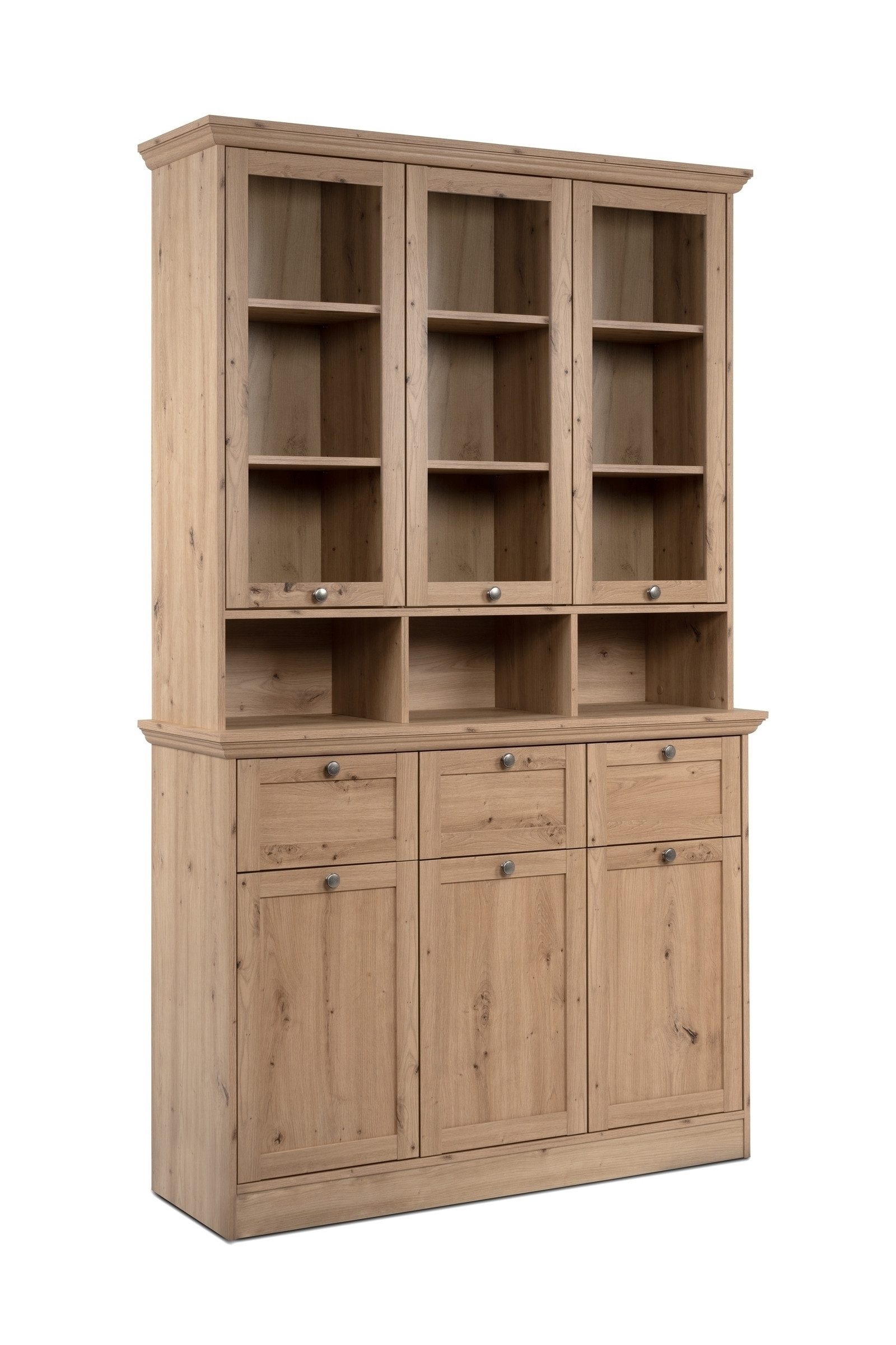 freiraum Buffet Timber Landhaus, 6 Türen, 3 Schübe, Glas / Eiche Dekor - 120x200x40cm (BxHxT)
