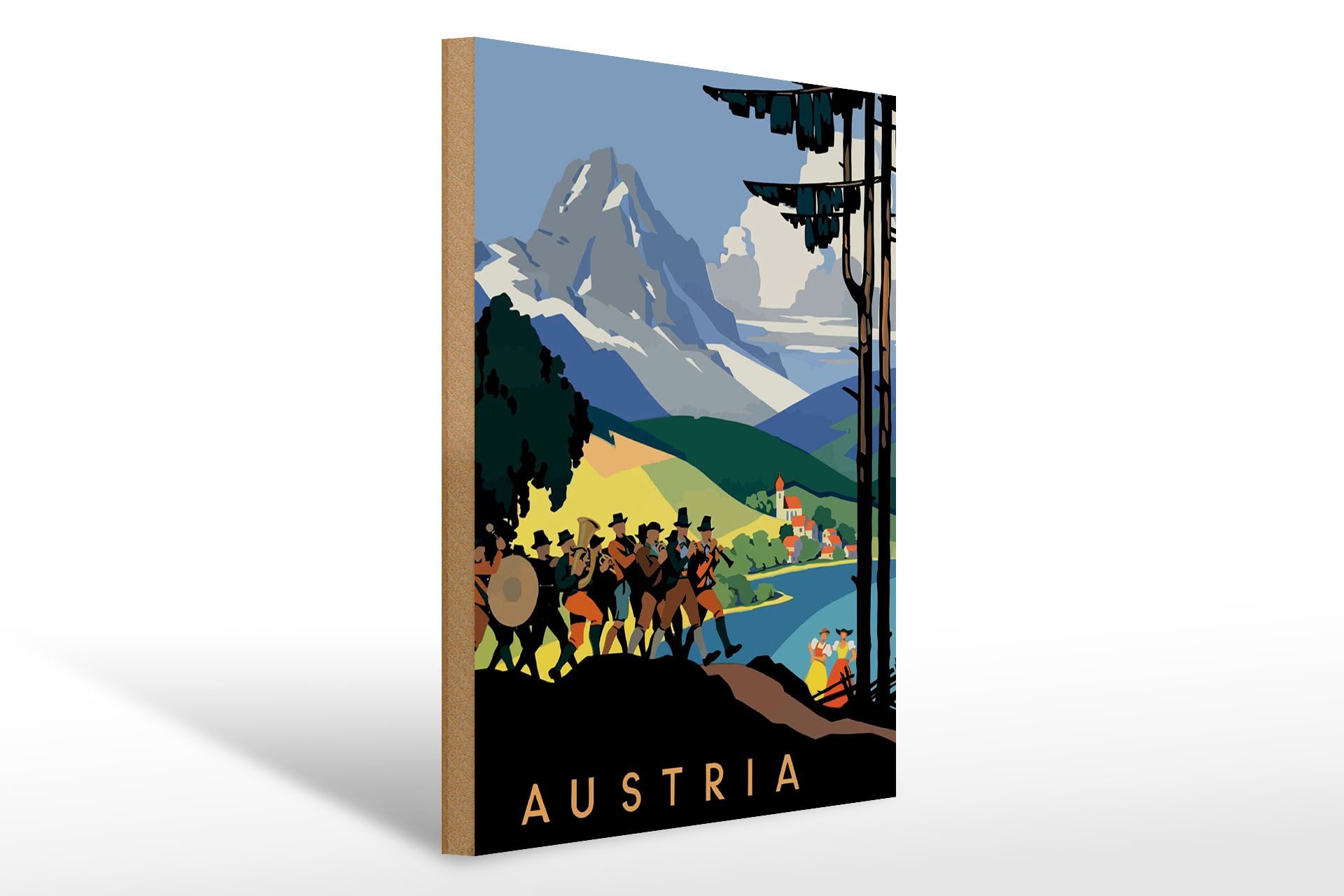 Femer GmbH Holzbild Reise 30x40 cm Österreich Austria Berge Blasmusiker, (1 St), Glatte Holzfaserplatte (MDF), vorn beschichtet