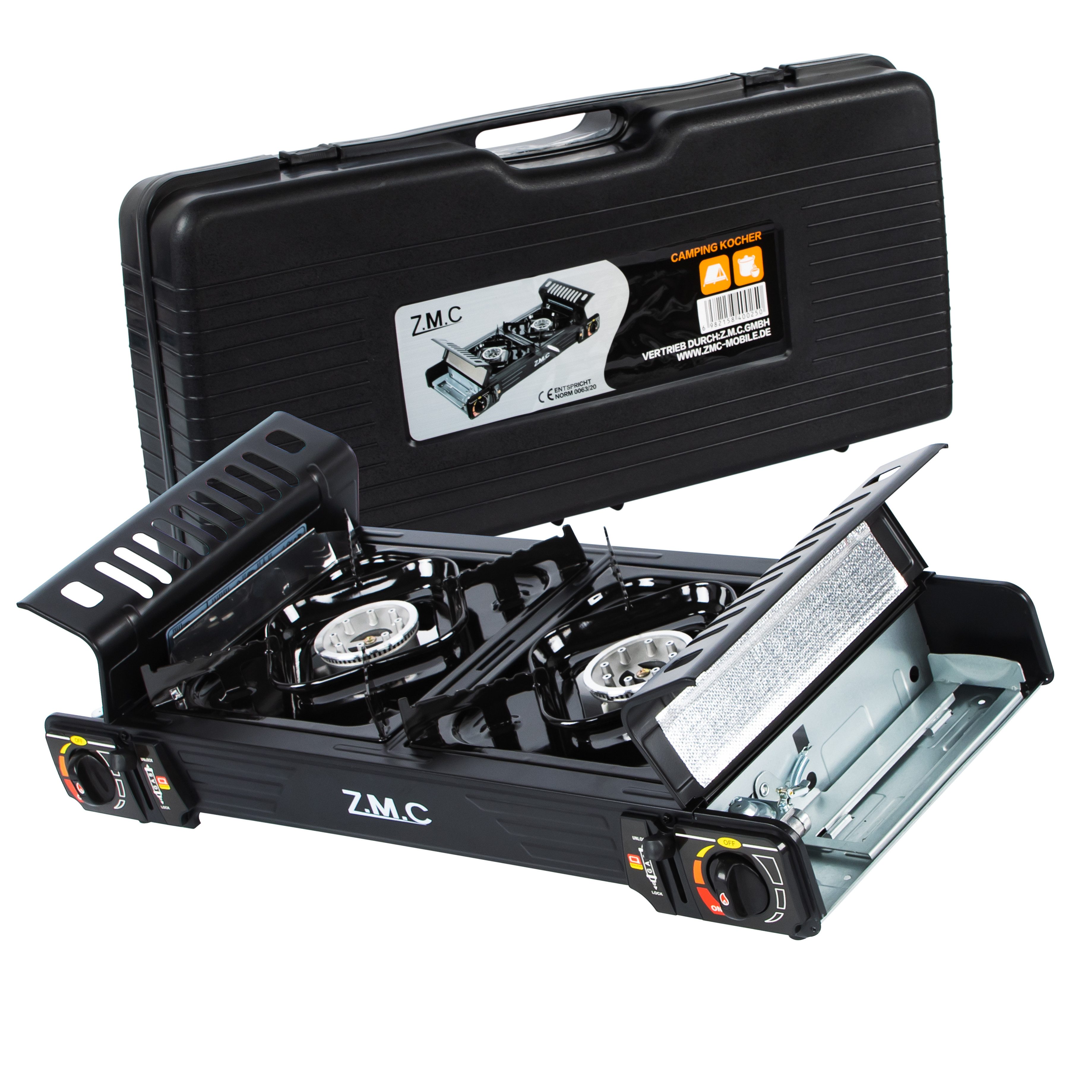 ZMC Gaskocher PREMIUM Butan Gaskocher Campingkocher 2-flammig + Gaskartuschen 227g, (Doppel Kartuschenkocher mit Zündsicherung, mit Piezozündung, Wärmeleistung: 2,0KW, 2,0KW), für Outdoor und Innenraum, Gasherd Kochfeld Gas Kocher Herd