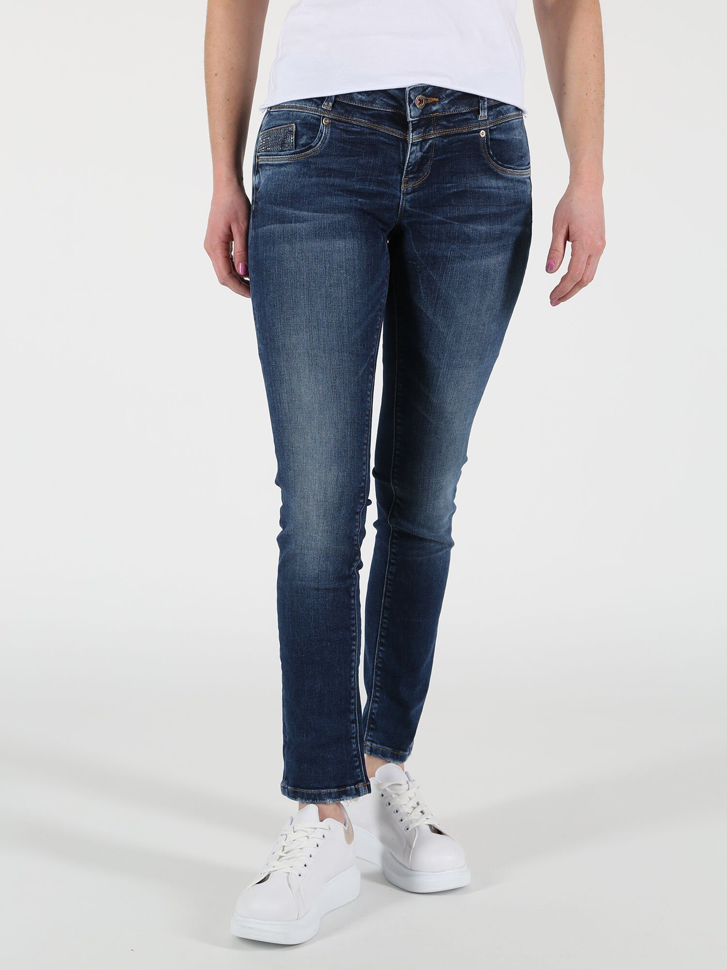 Miracle of Denim M.O.D. Damesjeans Monika - Slim Fit - Blauw - Lazuli Blue W25-W34 Stretch, Maat: 25W / 30L, Kleurvariant: Lazuli Blue 3515
