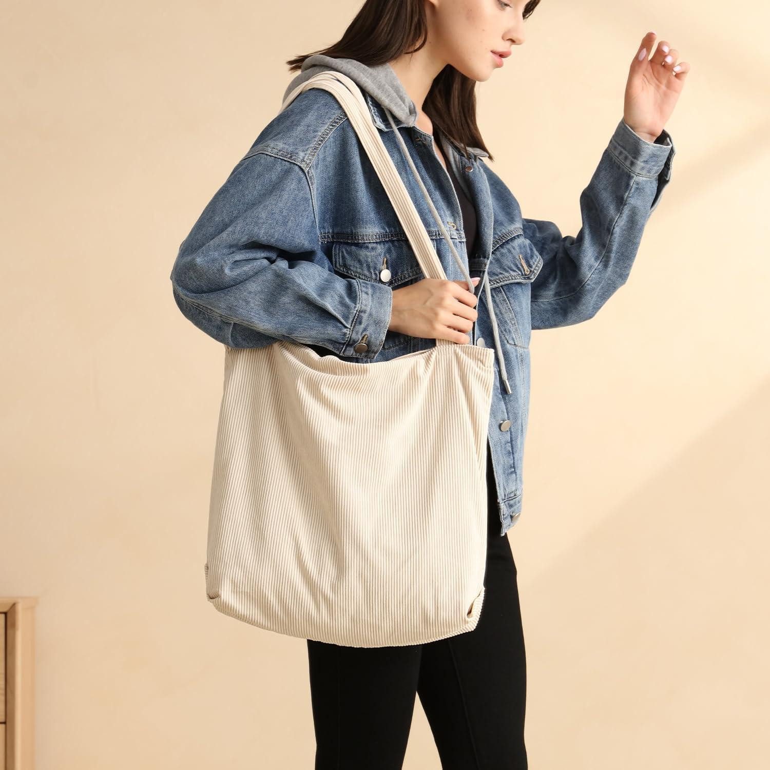 LuxusKollektion Shopper Cord Uni Shopper Damen Handtasche Beige groß mit Reißverschluss und