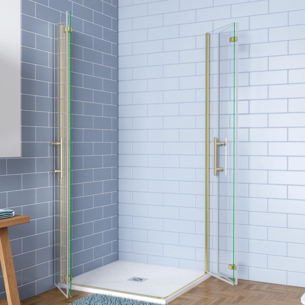 AICA Eckdusche H:195cm Scharniertür Drehtür Falttür Duschabtrennung Duschkabine Gold, BxT: 90x95 cm, ebenerdiger Einbau möglich,mit Drehtür,klare Optik – Bild 5 von 5