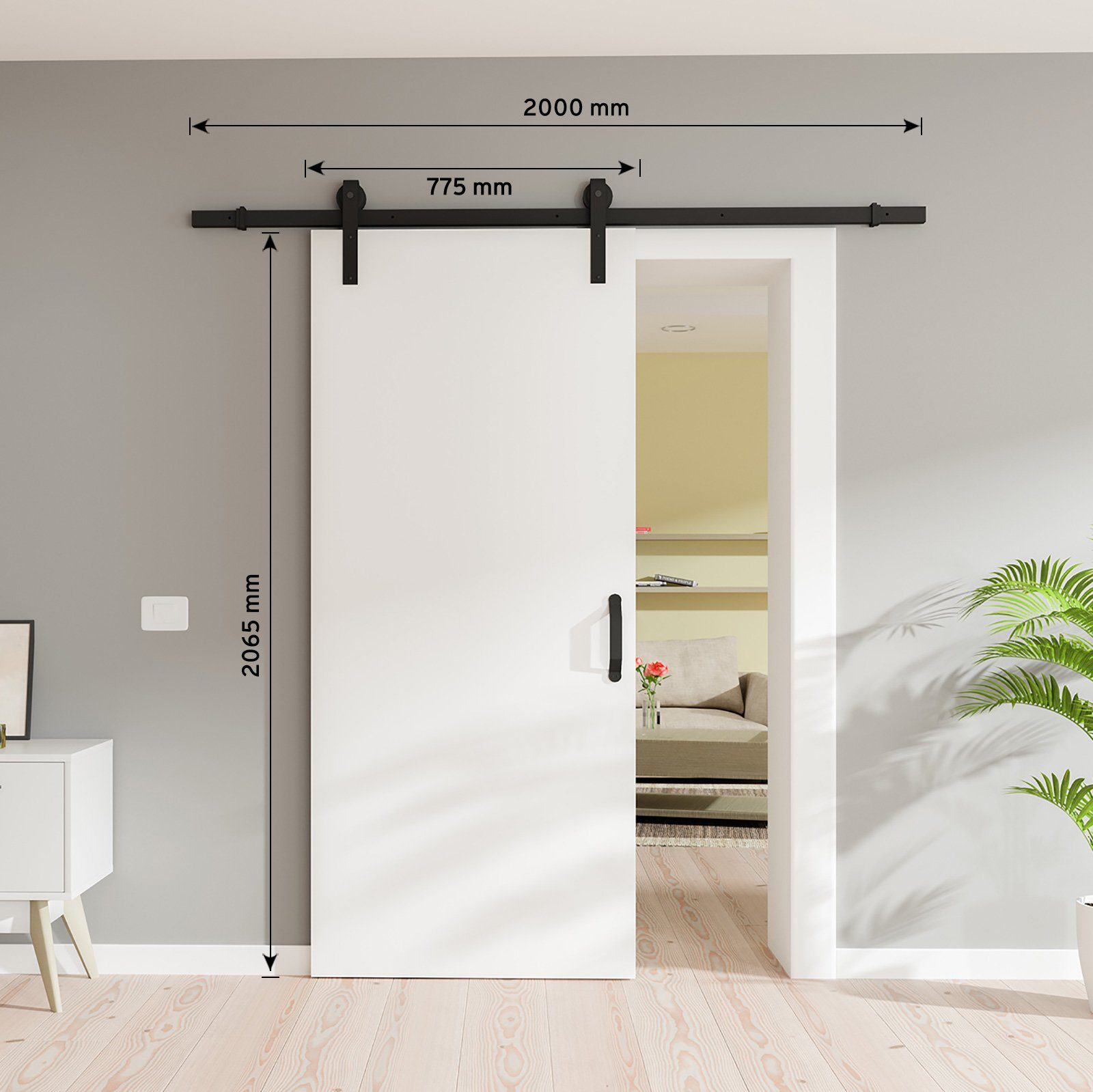 inova wohnen Schiebetür Holz weiß, Komplett Set offene Laufschiene schwarz Softclose – Bild 2 von 5